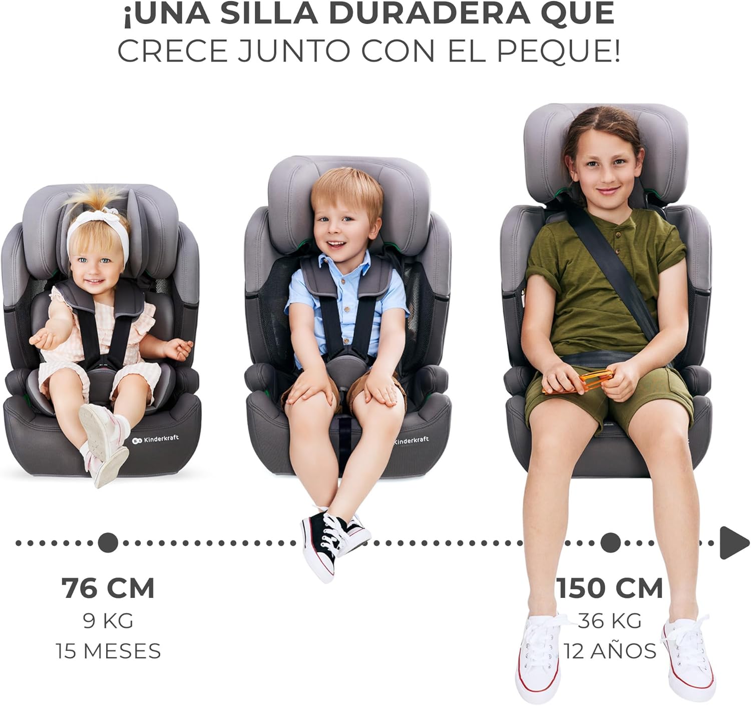 Kinderkraft COMFORT UP I-SIZE 76-150 cm, Silla de coche bebé, Silla coche para niños, Sillade, Cinturón, regula en 11 niveles, Grupo 1/2/3, 15 meses - 12 años, 9-36 kg, Negro