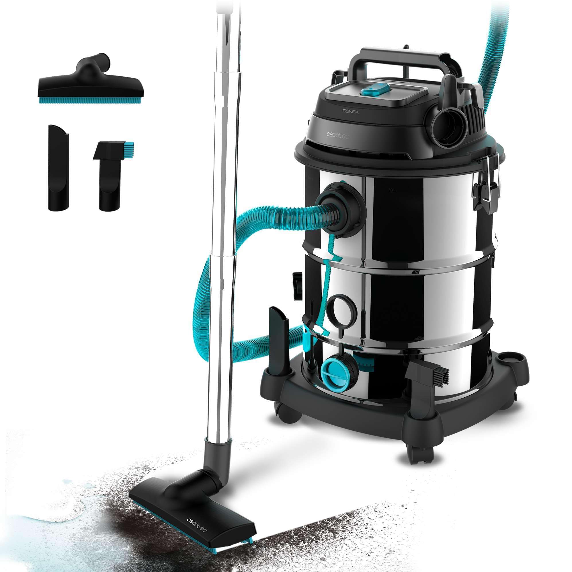 Cecotec Aspirador de sólidos e líquidos de 20 l Conga Rockstar Wet & Dry Steel MAX. 1400 W, 22 kPa, sistema de drenagem, aspirador e soprador, estrutura metálica, rodas, rádio de ação 5 m