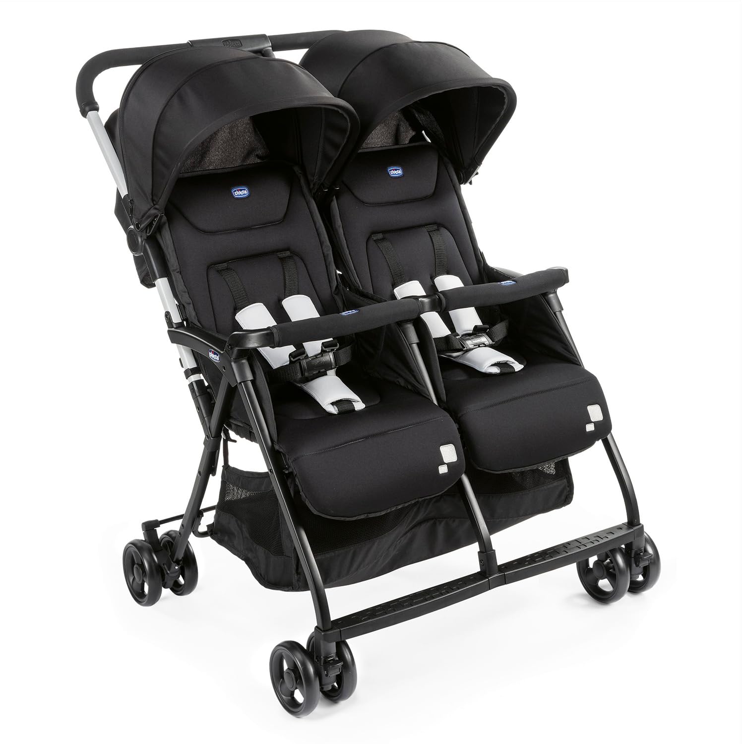 Chicco OHlalà Twin Cadeira de passeio gémeas de 0 meses a 15 kg, para botões de punho e irmãos, carrinho duplo reclinável e dobrável, leve, dobrável compacto, cobertura de chuva - cor preta