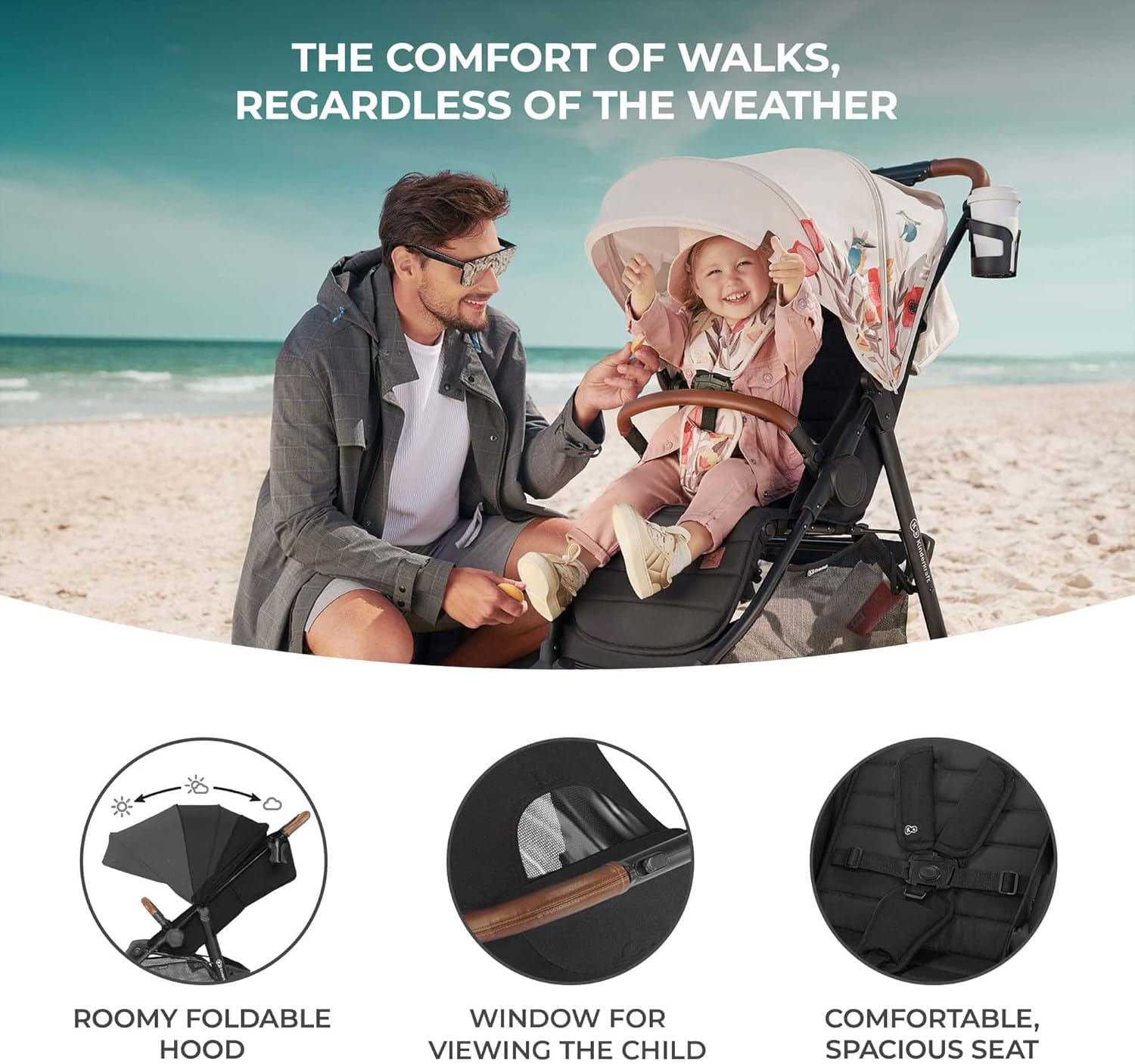 kk Kinderkraft GRANDE PLUS Silla de Paseo ligera desde Nacimiento hasta 22 kg, Plegado con una sola mano, Posición tumbada, Suspensión de todas ruedas, Capota grande XL, Negro