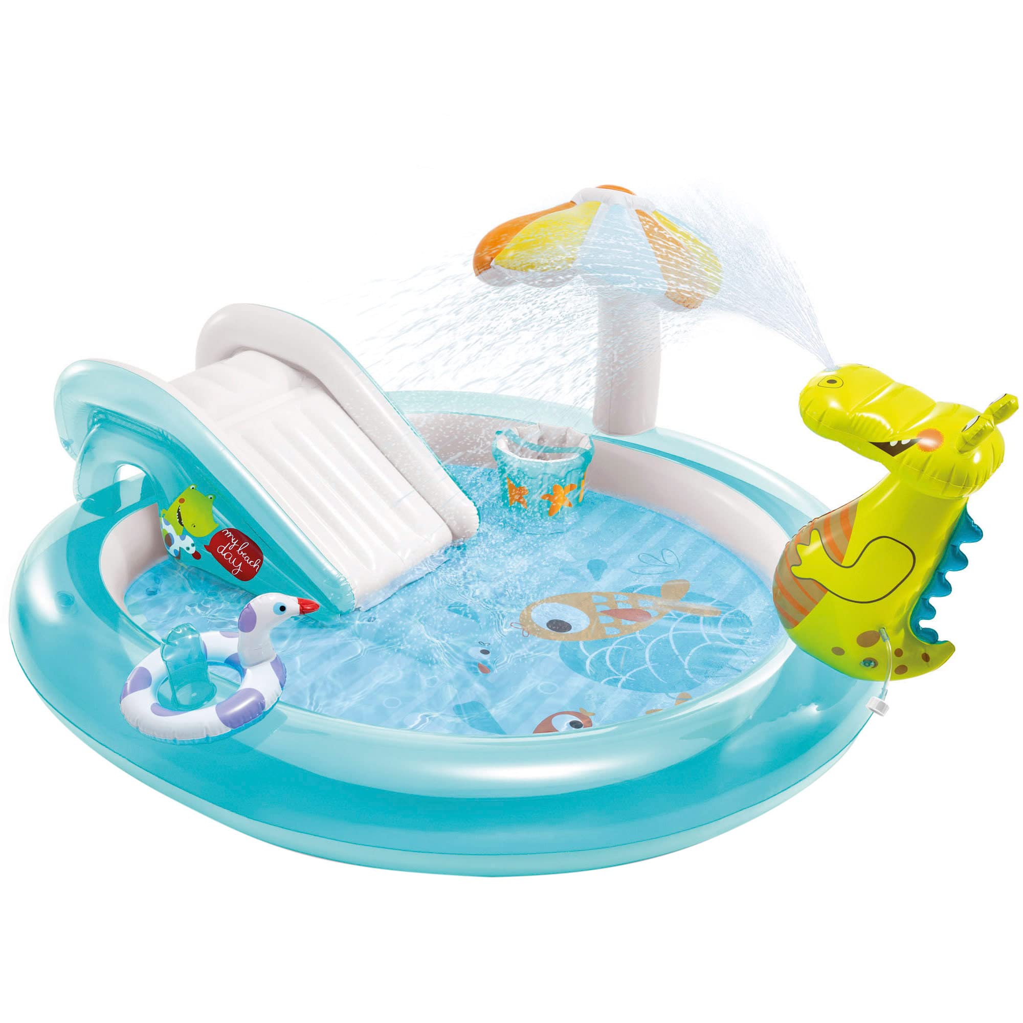 INTEX 57166 - Piscina infantil insuflável com dispersor de água e escorrega dinossauro, centro de jogos para crianças
