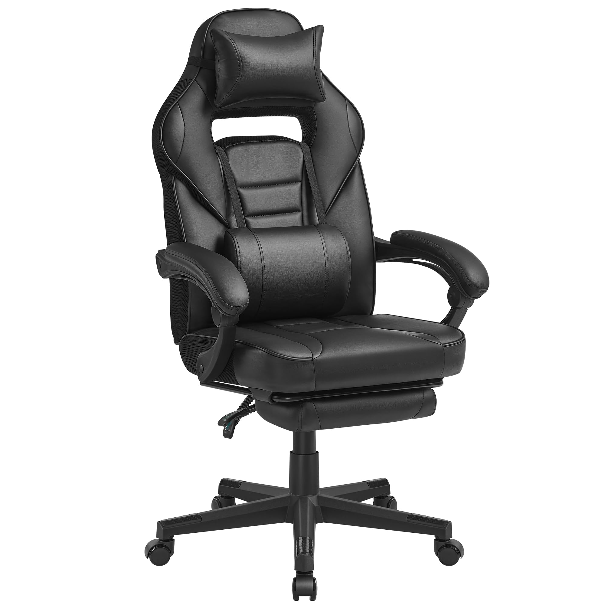 SONGMICS Cadeira de escritório, cadeira de jogos ergonómica, com apoio para os pés telescópico, encosto ajustável, apoio de cabeça e suporte lombar, carga de 150 kg, tinta preta e cinzento pombo