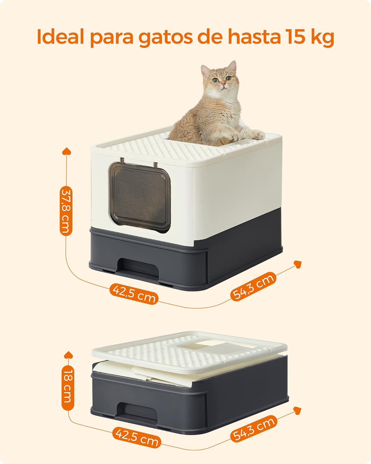 Feandrea Areia para gatos, caixa de areia com bandeja removível, pá, escova, espaço para gatos grandes, carga de 15 kg, anti-filtração, anti-fugas, bege e preto PPT001W01