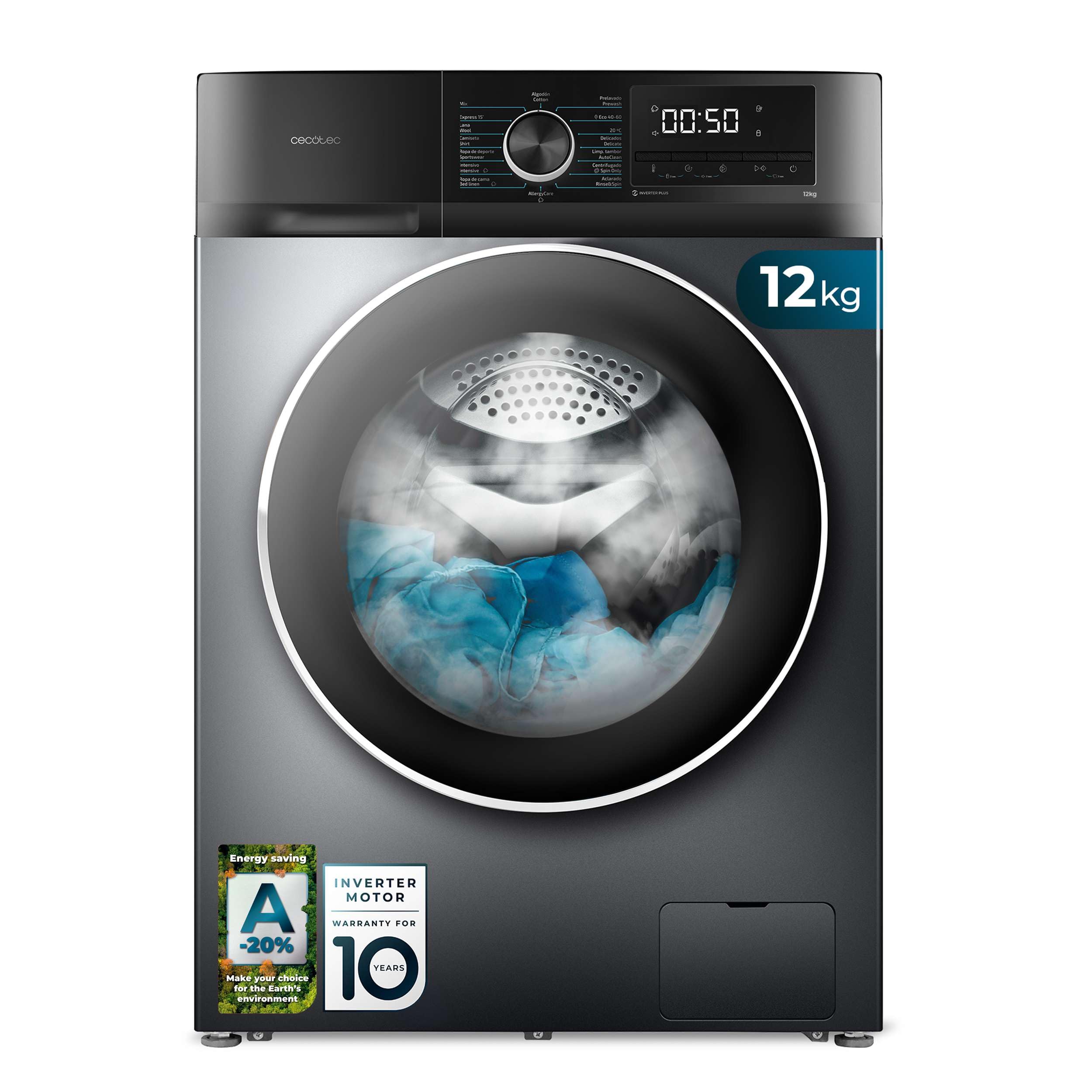 Cecotec Lavadora 10 kg de carga frontal Bolero Dresscode 10500 Inverter A. 1950W, 1400 rpm, Inverter Motor Plus, baixo consumo, 16 programas, lavagem a vapor, Delay Start, branca