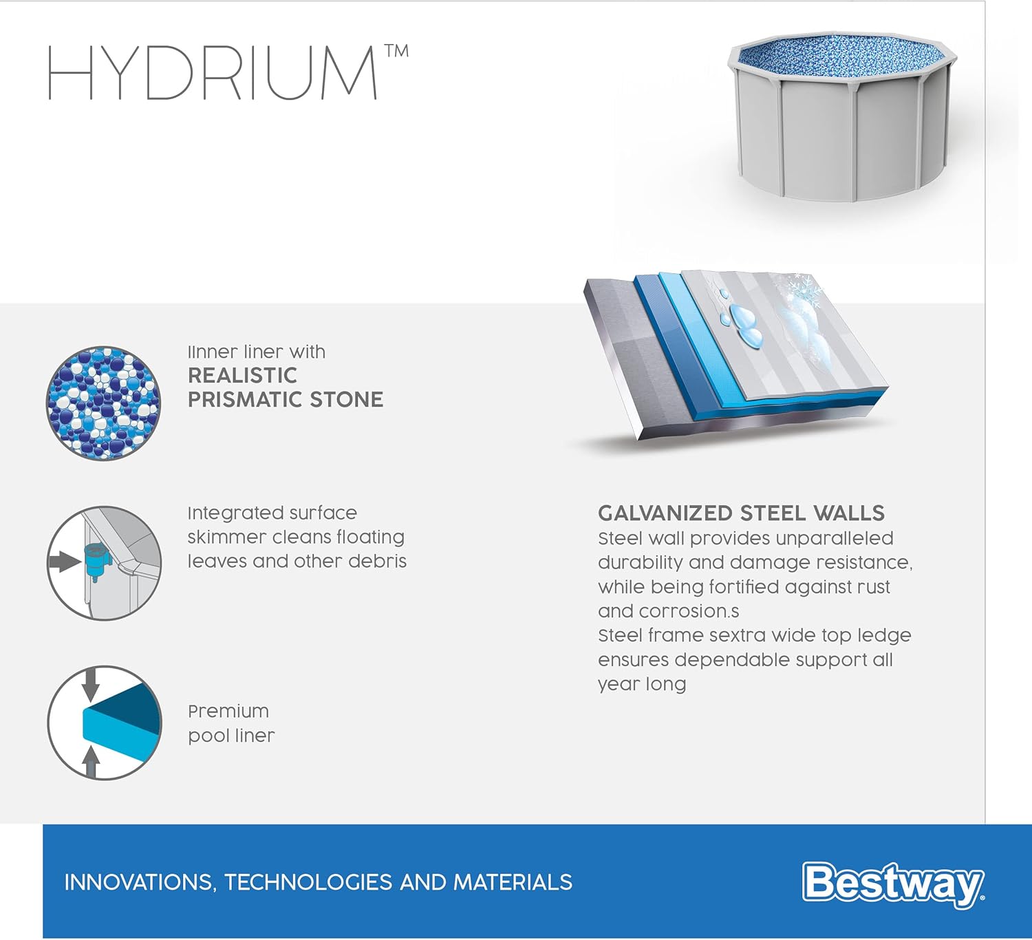 Bestway Hydrium - Piscina de Pared de Acero con Filtro de Arena, diámetro de 300 x 120 cm, Gris, Redonda