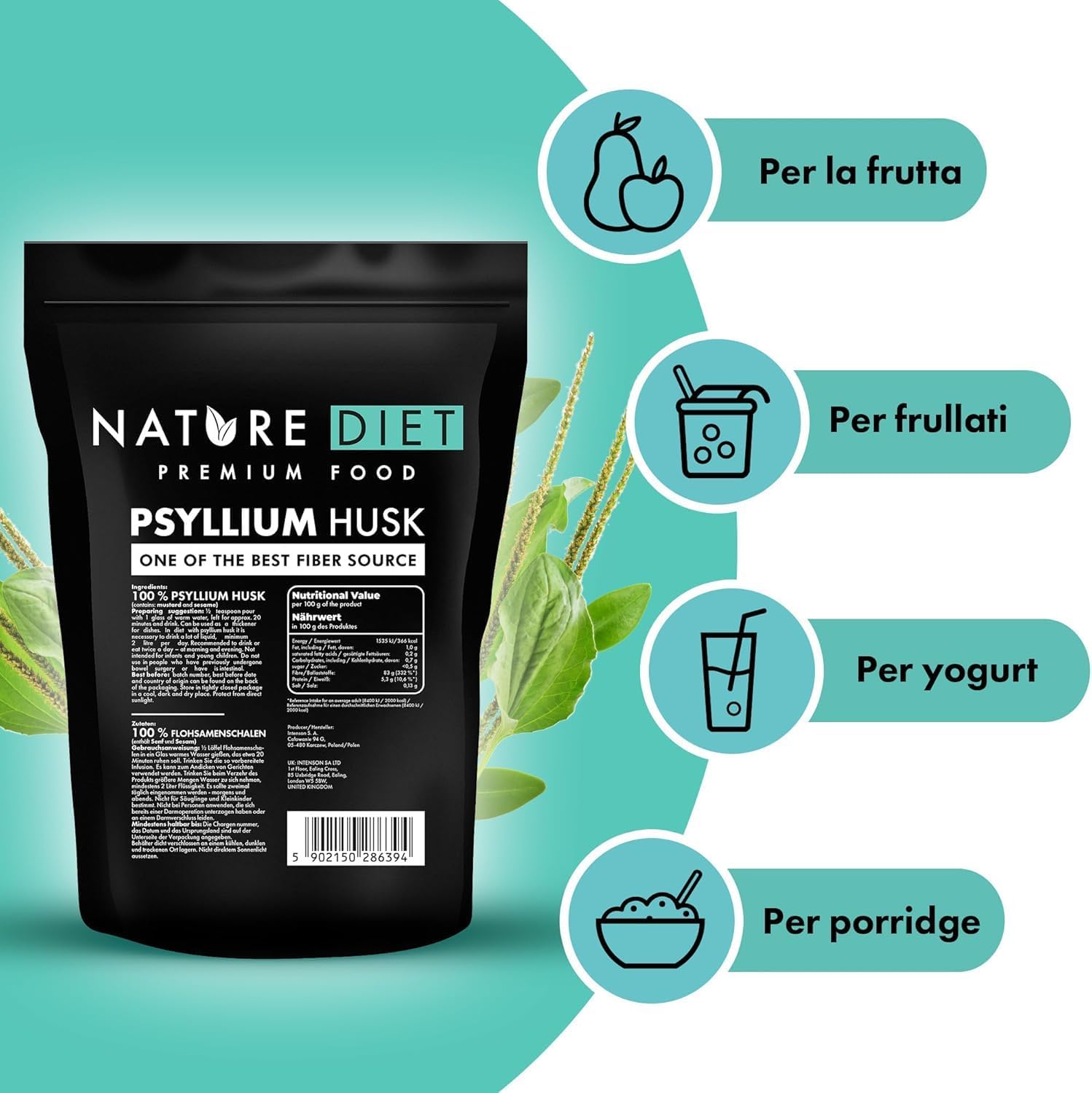 Nature Diet Casca de Psyllium 450 g | Alto em fibra, vegano, sem glúten e sem lactose, para dieta Keto & Low-Carb, ideal para bebidas e receitas
