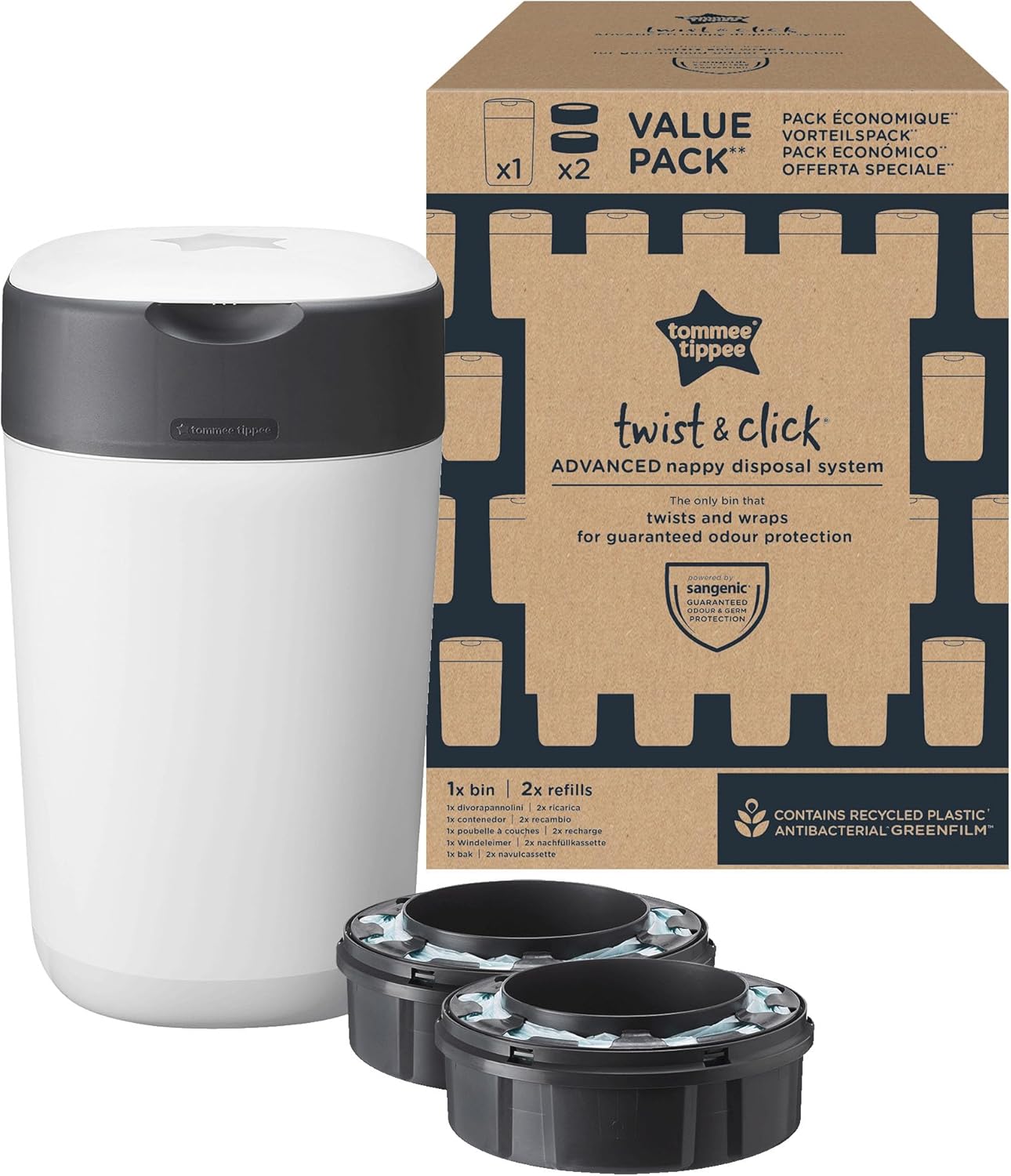 Tommee Tippee Recipiente para fraldas Twist & Click, pack exclusivo com x 2 peças de reposição incluídas, proteção garantida contra maus odores e germes, grande capacidade