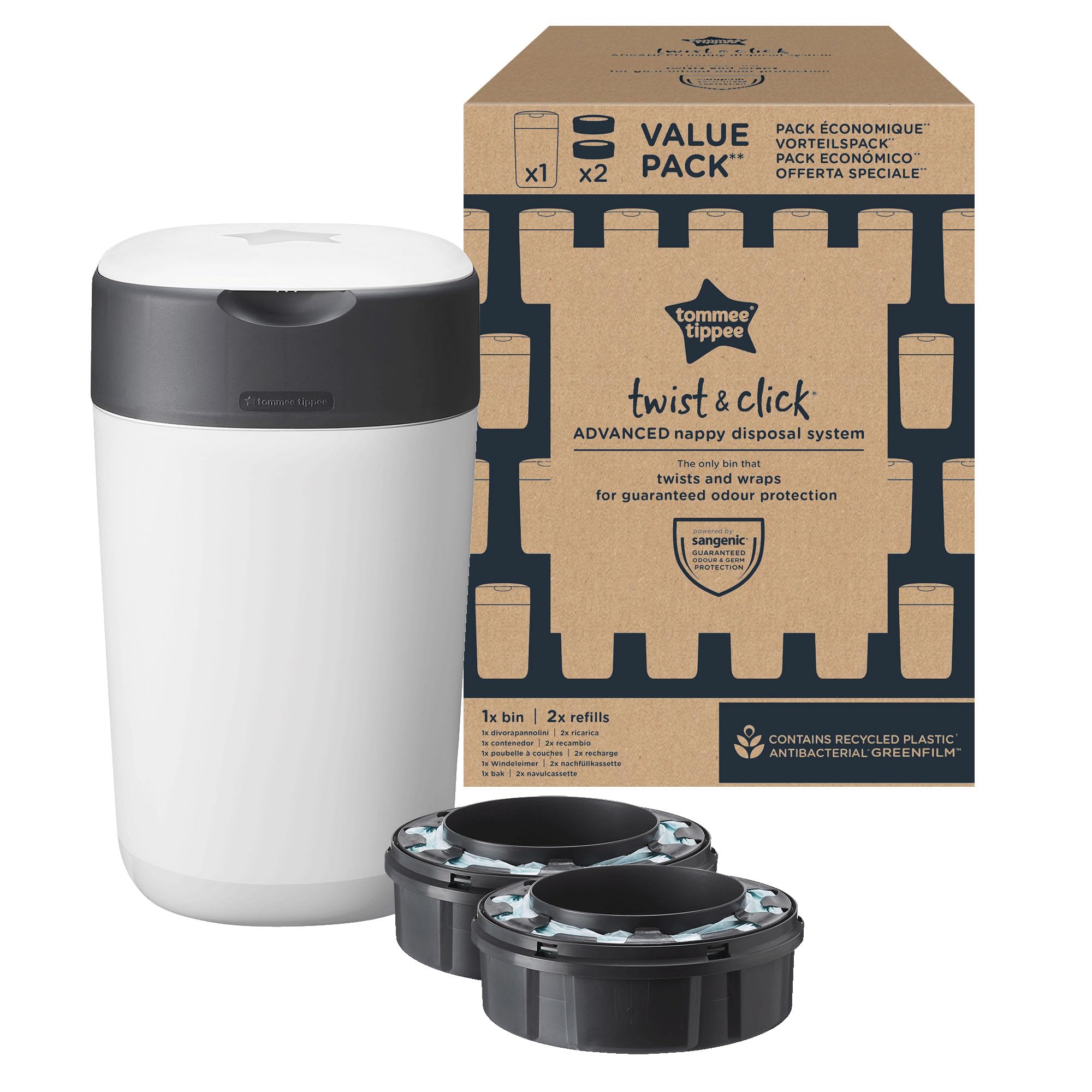 Tommee Tippee Recipiente para fraldas Twist & Click, pack exclusivo com x 2 peças de reposição incluídas, proteção garantida contra maus odores e germes, grande capacidade