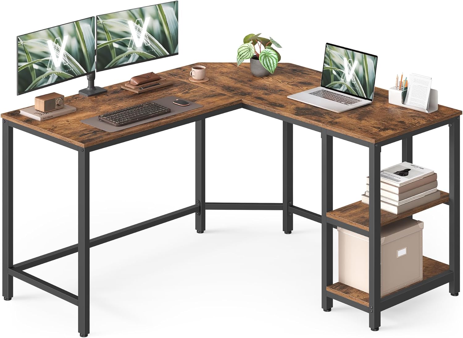 VASAGLE Secretária, mesa de computador em forma de L, 120 x 130 x 76 cm, esquina com 2 prateleiras, economiza espaço, para escritório casa, jogos, castanho rústico e preto tinta LWD123K01