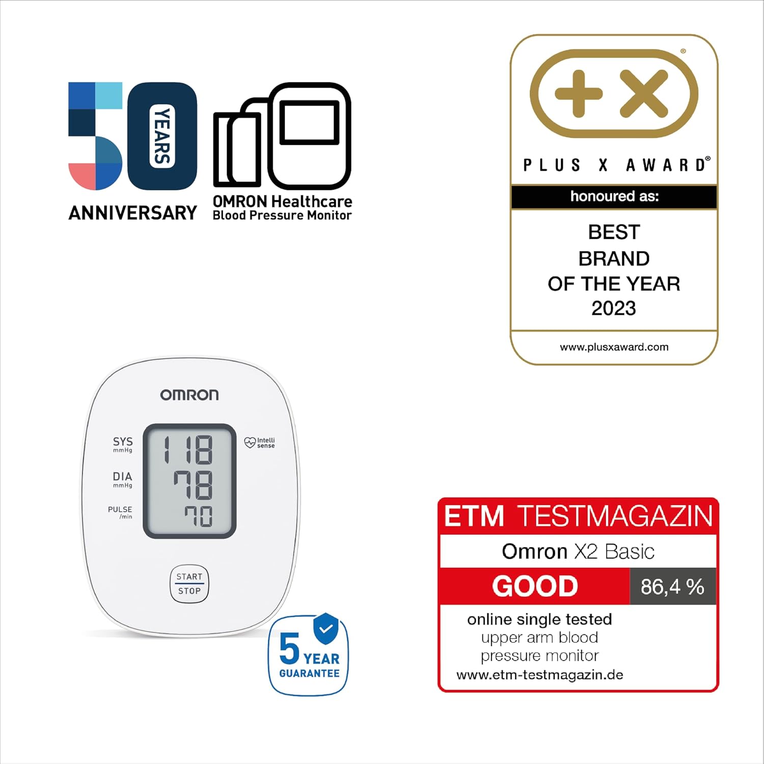 OMRON X2 Basic Tensiómetro de braço digital, medição precisa da pressão arterial e do pulso, validado clinicamente, 1 unidade (embalagem de 1)