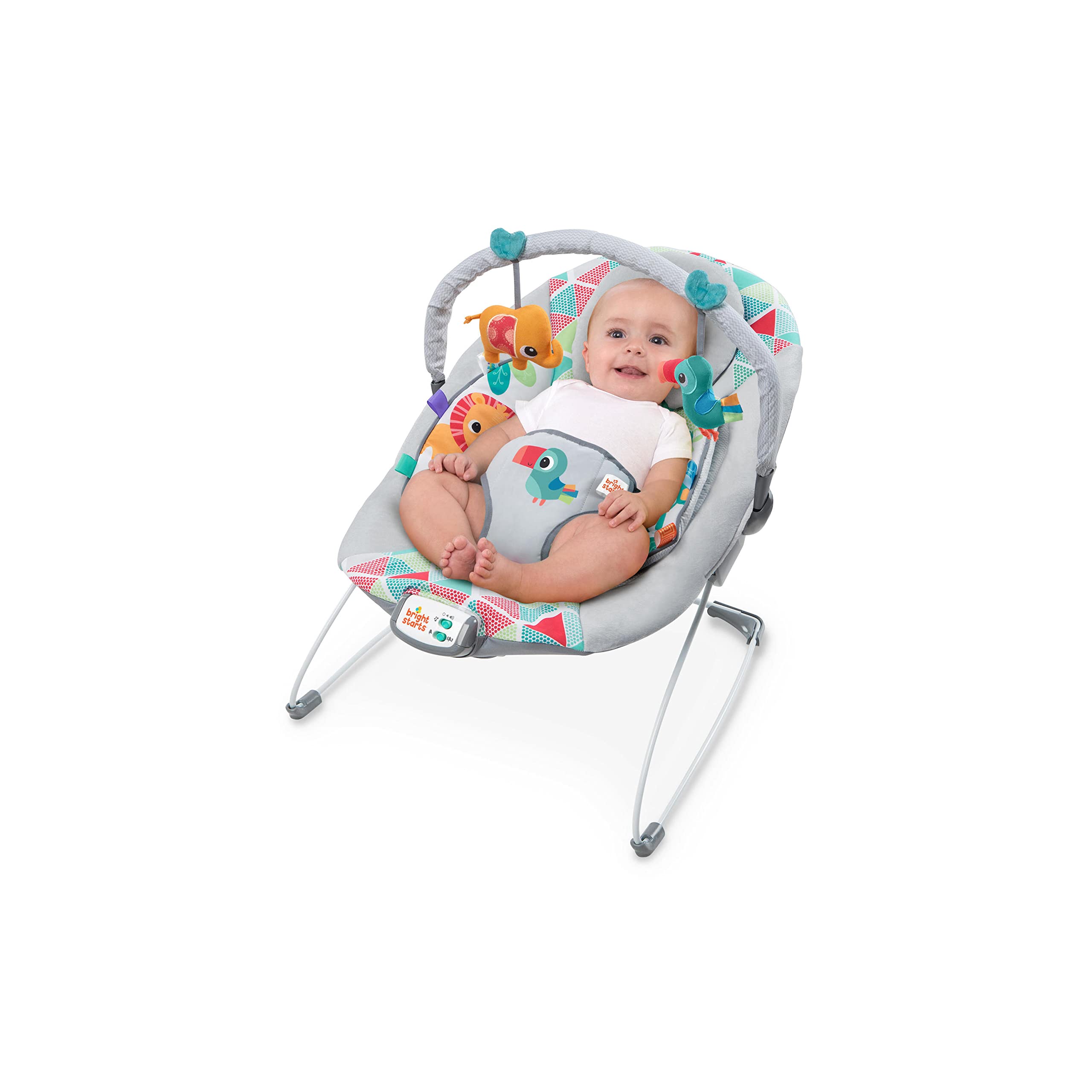 Bright Starts - Vibrador de assento infantil - barra de brinquedos removível, pés antiderrapantes, 0-6 meses a 9 kg (Safari Fun)