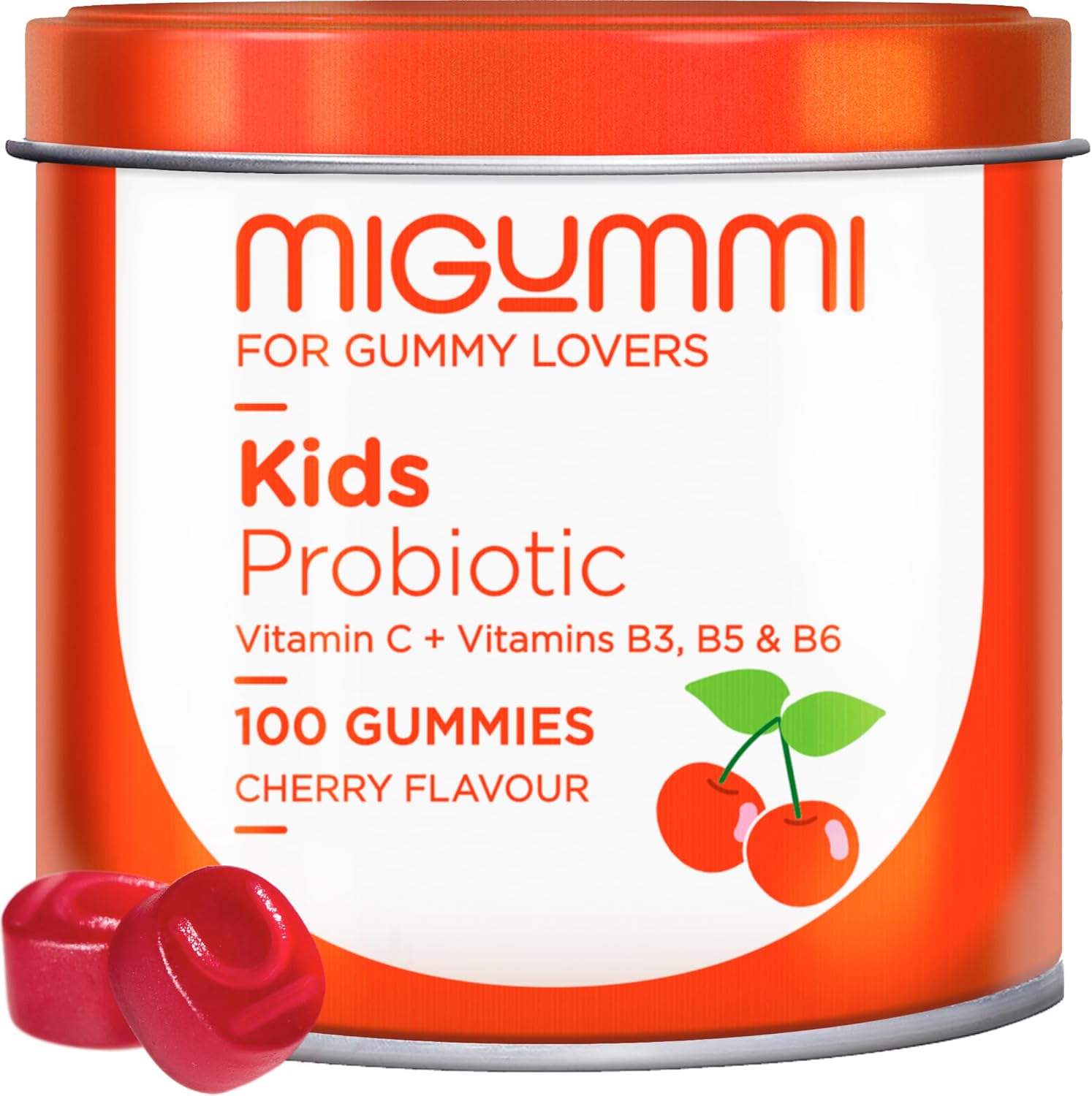 Gominolas probióticas para crianças, 100 Gummies, sabor natural cereja, probióticos, vitamina C, B3, B5 e B6, Flora intestinal, e inchaço, vitaminas para crianças, veganas, sem glúten