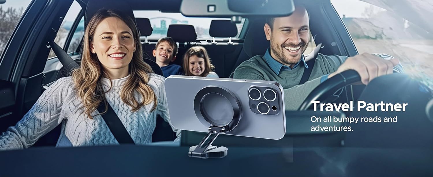 PORTENTUM Suporte móvel para carro Magsafe dobrável, com poderoso íman (20 x N52) e rotação de 360 ° – para espigão escritório ou outras superfícies - cinza escuro
