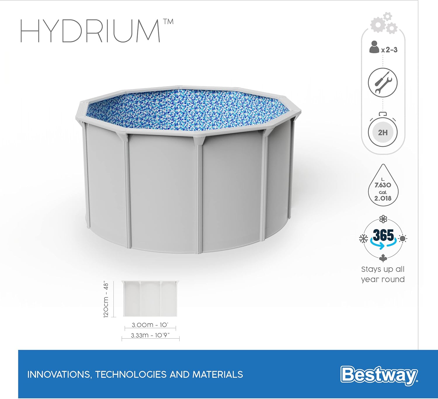 Bestway Hydrium - Piscina de Pared de Acero con Filtro de Arena, diámetro de 300 x 120 cm, Gris, Redonda