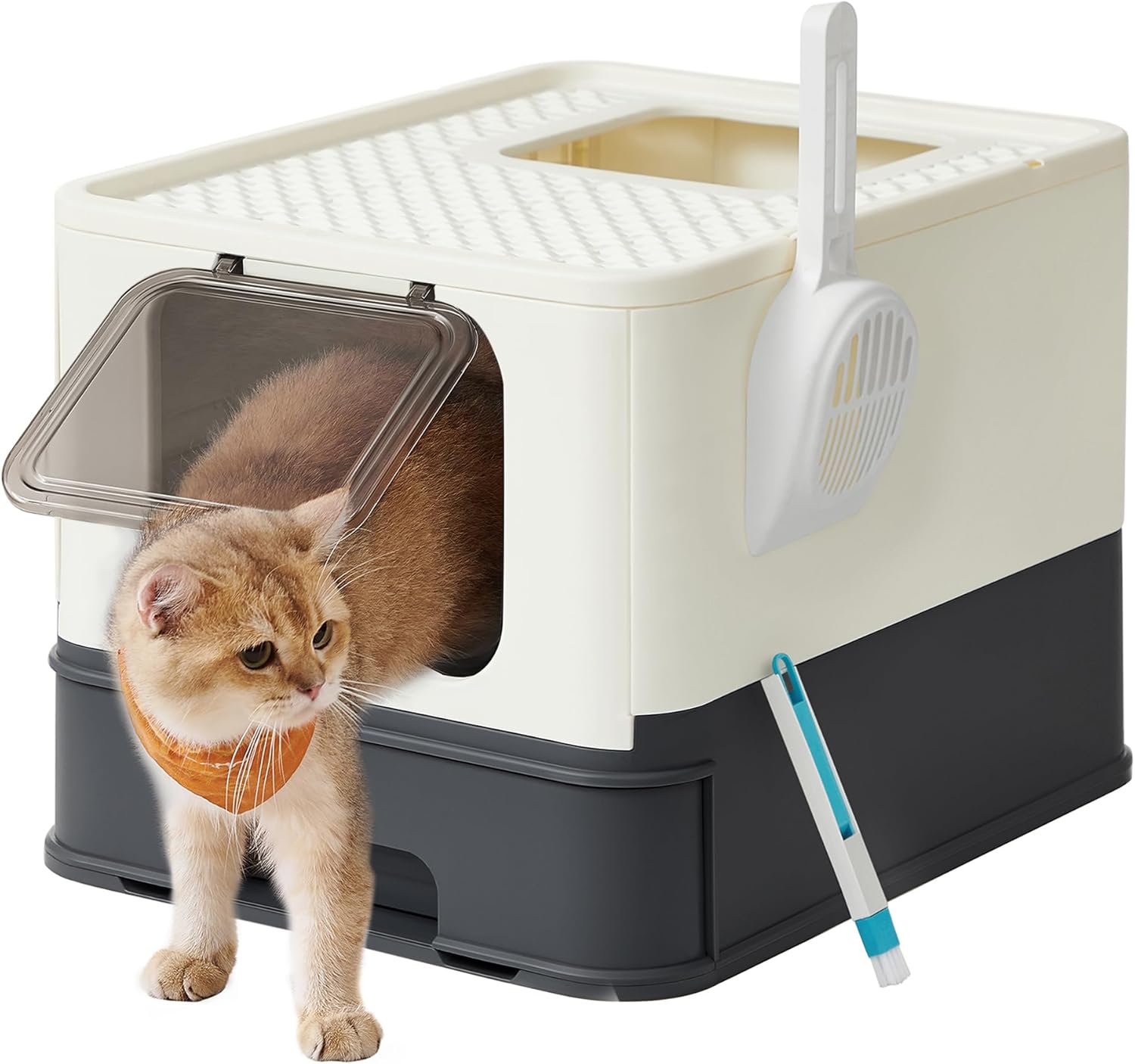 Feandrea Areia para gatos, caixa de areia com bandeja removível, pá, escova, espaço para gatos grandes, carga de 15 kg, anti-filtração, anti-fugas, bege e preto PPT001W01