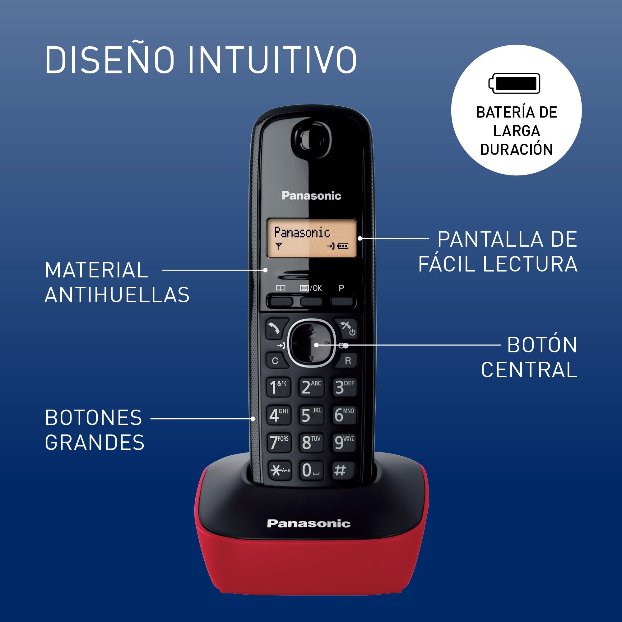 Panasonic KX-TG1612SPR Telefone sem fio digital DECT, unidade base e 2 auscultadores, identificador de chamadas, bateria de longa duração, ecrã LCD, agenda, rediscagem, despertador, vermelho