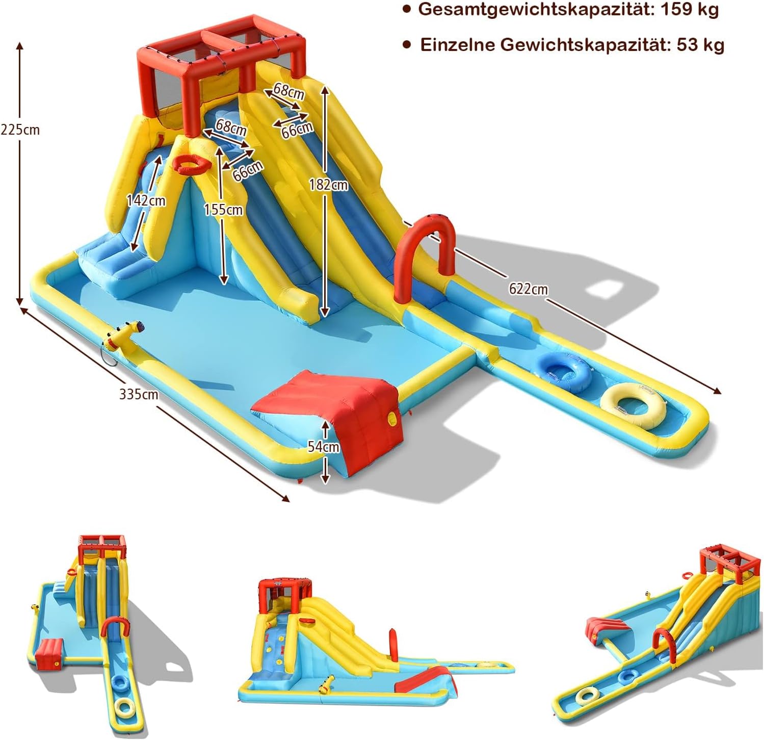 FANTASK Castillo Hinchable con Bolsa de Transporte, Anillos de natación, Baloncesto Inflable y Kit de reparación, tobogán acuático, Parque acuático para Exteriores, Incluye Pistola de Agua, Pared de
