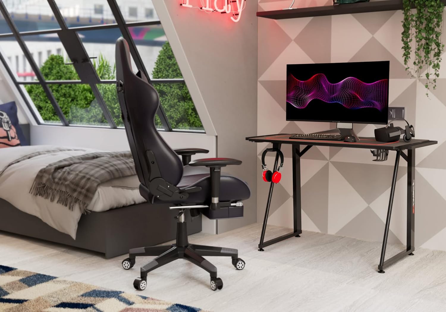 Drift Gaming DRDZ75 - Mesa de jogos com placa com acabamento em fibra de carbono coberto por um tapete Full Size, suporte para canecas e auriculares, pernas reguláveis, cor preta