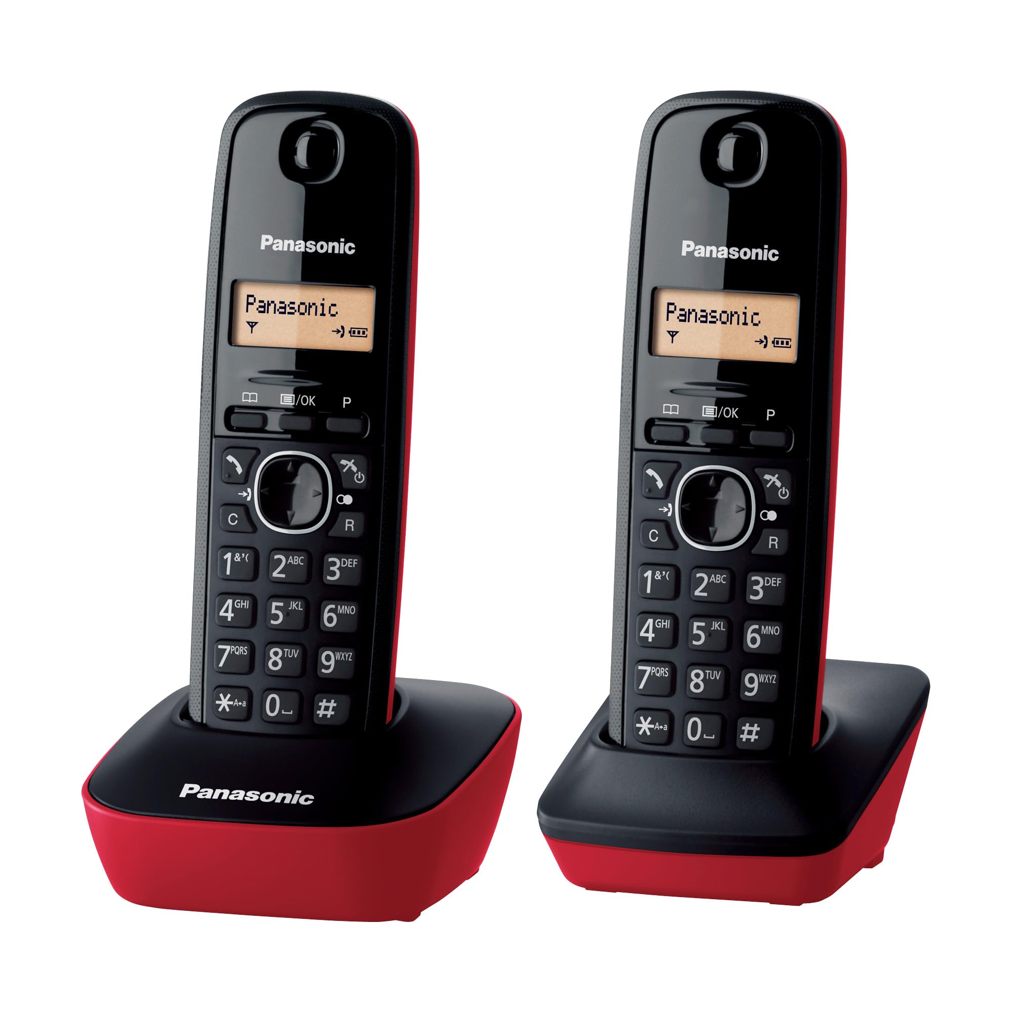 Panasonic KX-TG1612SPR Telefone sem fio digital DECT, unidade base e 2 auscultadores, identificador de chamadas, bateria de longa duração, ecrã LCD, agenda, rediscagem, despertador, vermelho
