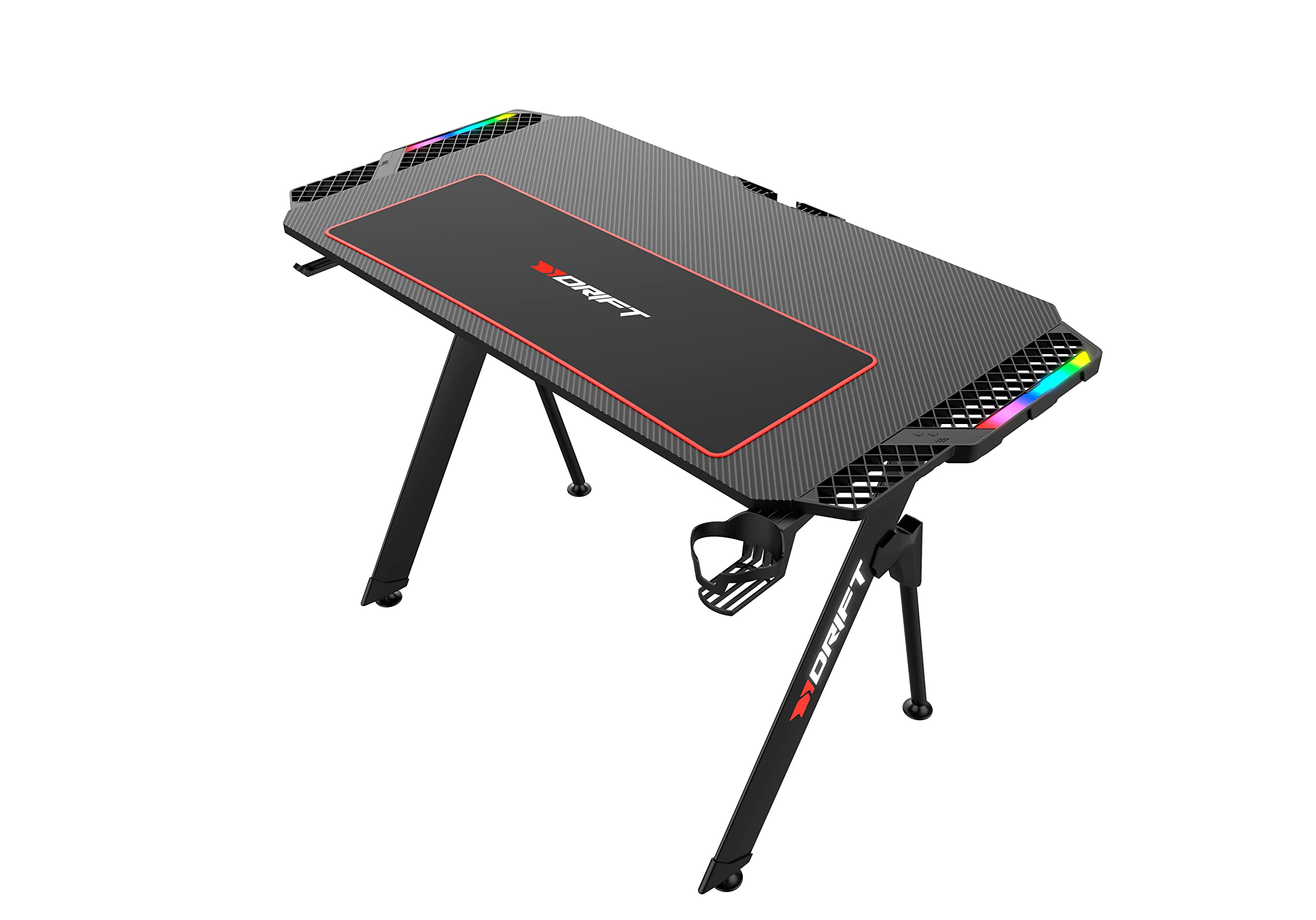 Drift Gaming DRDZ75 - Mesa de jogos com placa com acabamento em fibra de carbono coberto por um tapete Full Size, suporte para canecas e auriculares, pernas reguláveis, cor preta