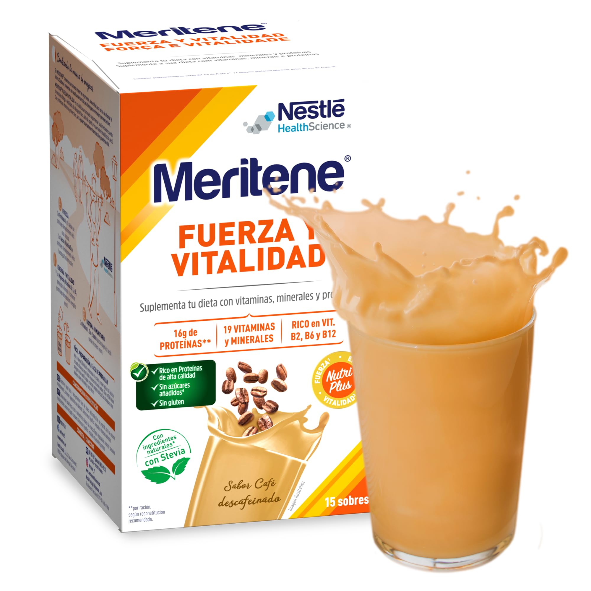 Meritene | Fuerza y Vitalidad | Batidos Sabor Vainilla | Fuerza para tus Músculos, Vitalidad para ti | Solución Nutricional para Adultos con Proteínas, Vitaminas y Minerales | 15 Sobres | 450 gr
