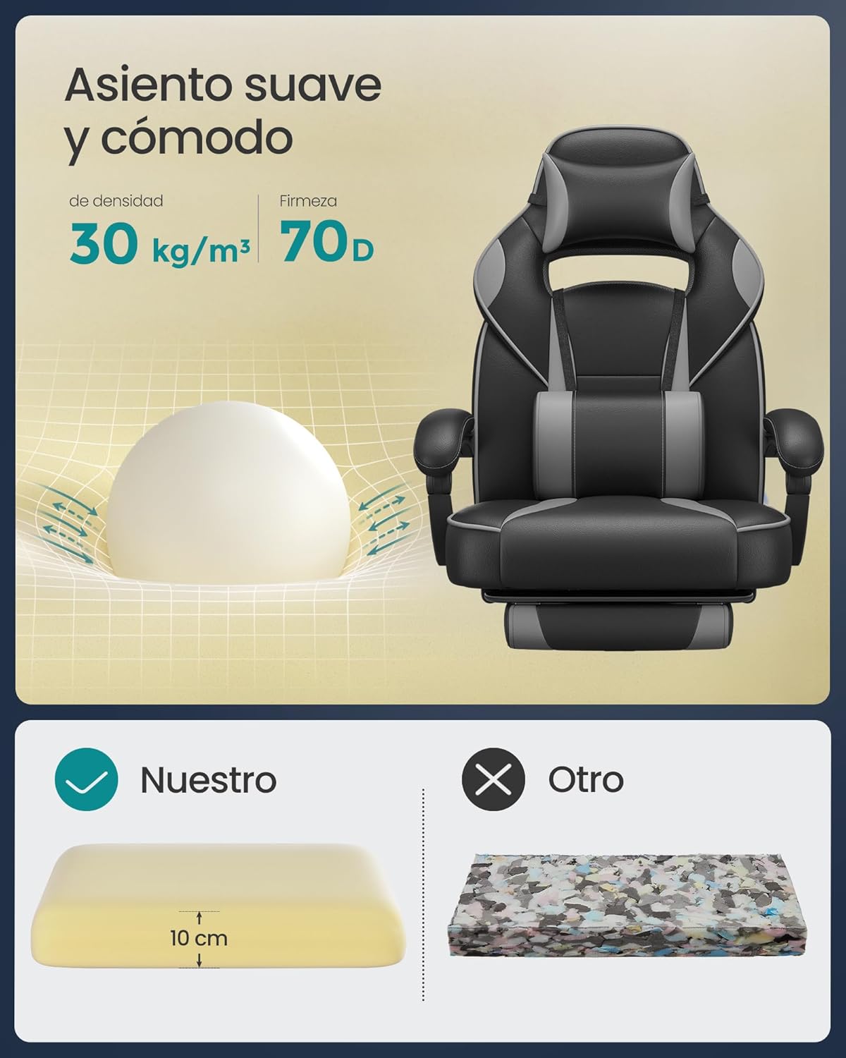 SONGMICS Cadeira de escritório, cadeira de jogos ergonómica, com apoio para os pés telescópico, encosto ajustável, apoio de cabeça e suporte lombar, carga de 150 kg, tinta preta e cinzento pombo