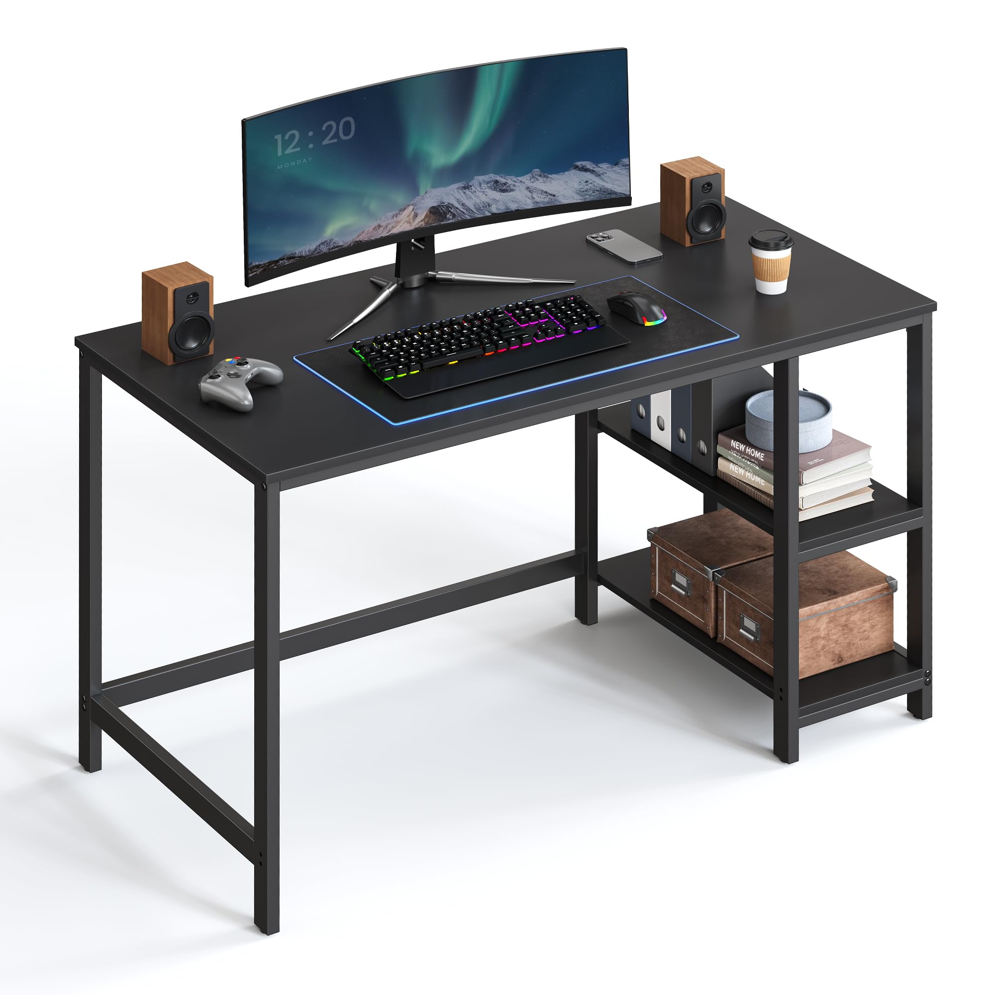 VASAGLE Secretária, mesa de computador, com 2 prateleiras à esquerda ou à direita, para escritório, quarto, estrutura de aço, industrial, castanho rústico e preto LWD47X