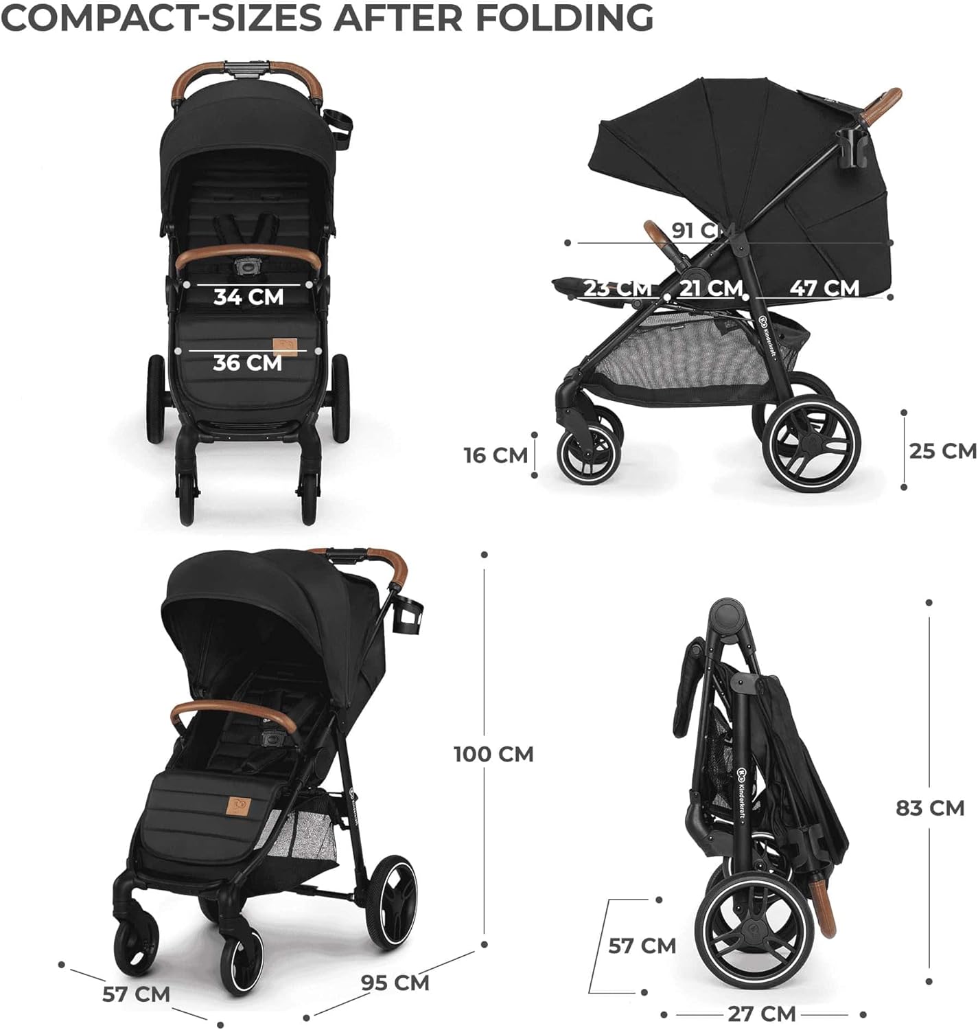 kk Kinderkraft GRANDE PLUS Silla de Paseo ligera desde Nacimiento hasta 22 kg, Plegado con una sola mano, Posición tumbada, Suspensión de todas ruedas, Capota grande XL, Negro