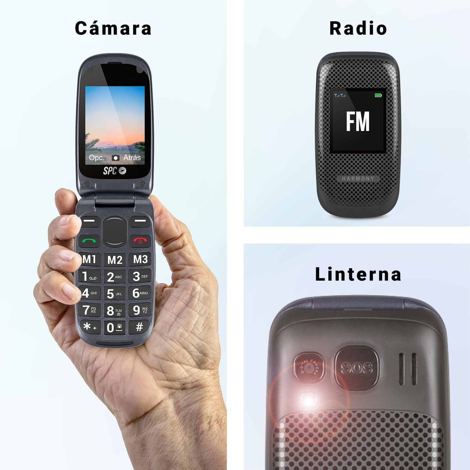 SPC Harmony - Telemóvel para idosos, telemóveis com tampa, teclas grandes, volume alto 96dB, compatível com aparelhos auditivos, contactos com imagem, botão SUS, ecrã duplo (2,4" + 1,77") - preto