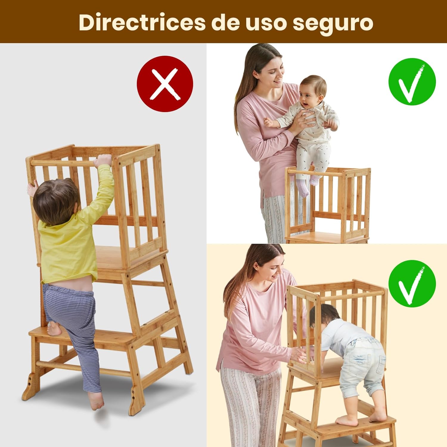 COSYLAND Torre de aprendizagem desde 18 meses - torre de aprendizagem para crianças - proteção anti-virar e barra de segurança - para casa de banho, quarto infantil e cozinha - cor bambu