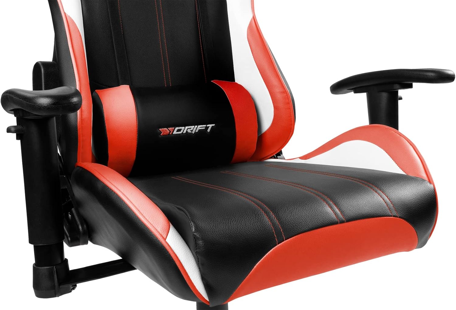 DRIFT GAMING DR175 - Cadeira Gaming profissional, couro sintético, apoio de braços ajustáveis 2D, pistão classe 4, giratória, mecanismo de borboleta, almofada lombar e cervical, cor preto/branco