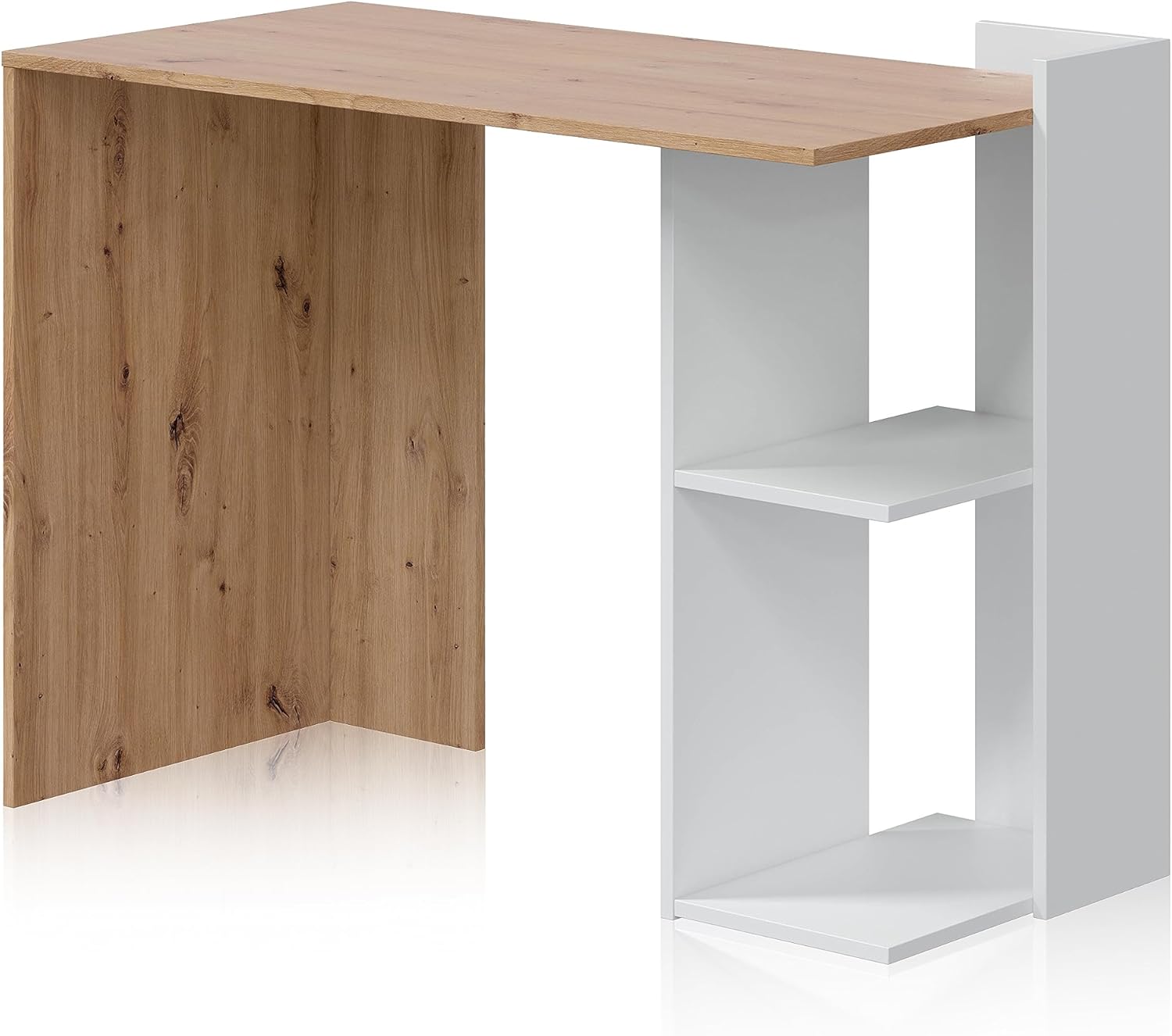 Mesa de estudo reversível com prateleiras, secretária, sistema de armazenamento, modelo Quénia, acabamento em cor carvalho Nodi e branco, medidas: 100 cm (comprimento) x 78 cm (altura) x 52 cm (fundo)