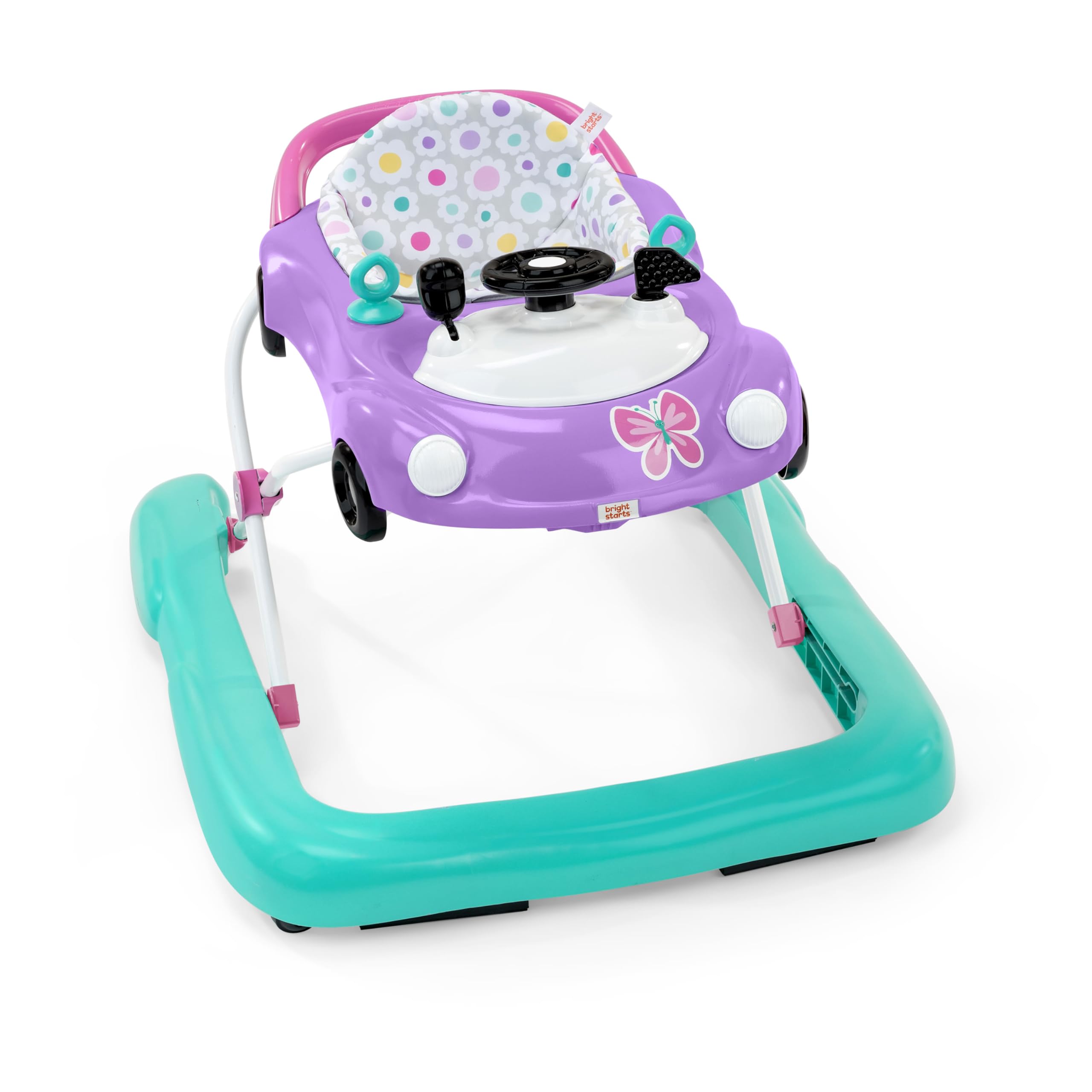 Bright Starts, Andador de primeiros passos dobrável para bebés Giggling Safari, brinquedo ábaco divertido e colorido, altura ajustável, assento removível, lavável na máquina, a partir dos 6 meses
