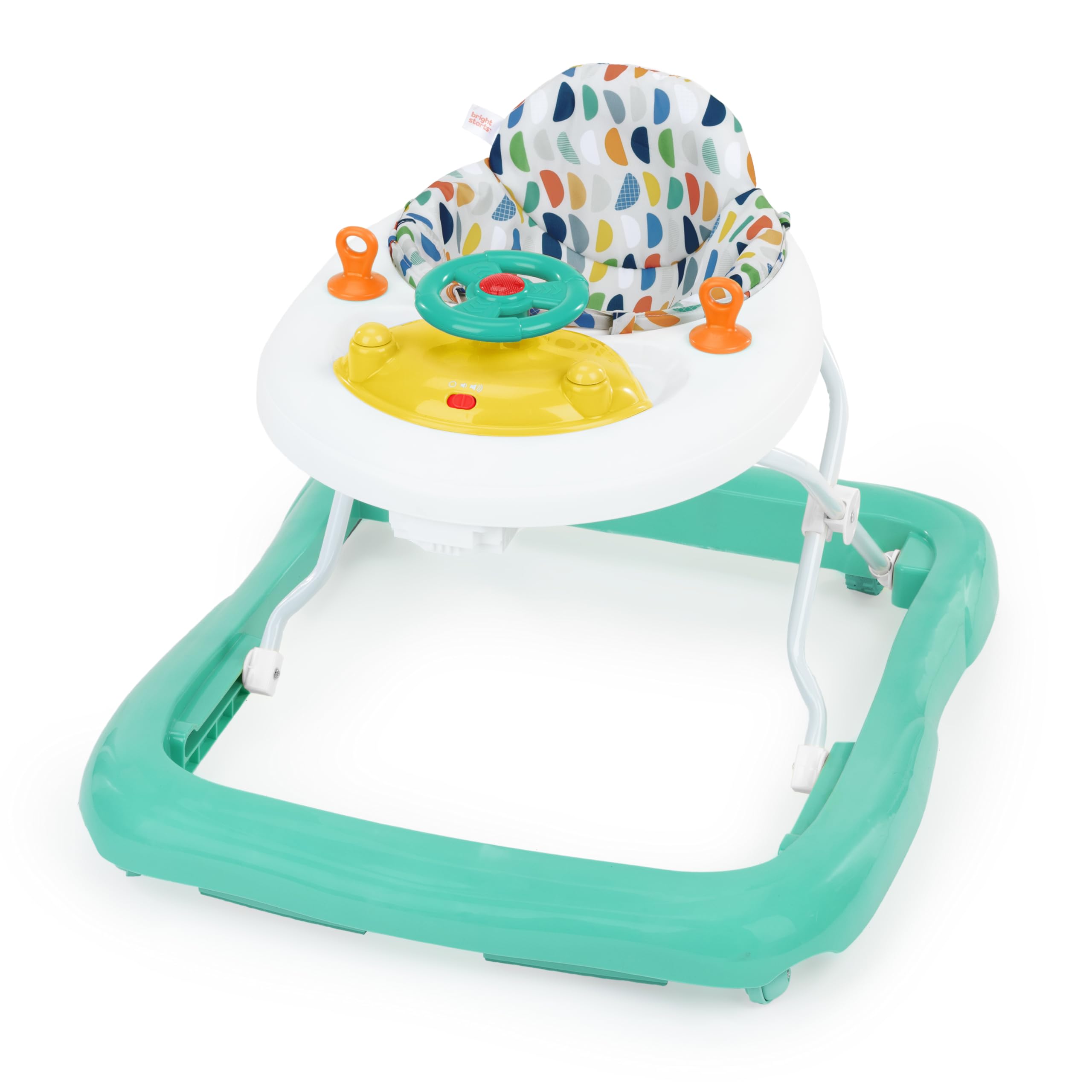 Bright Starts, Andador de primeiros passos dobrável para bebés Giggling Safari, brinquedo ábaco divertido e colorido, altura ajustável, assento removível, lavável na máquina, a partir dos 6 meses