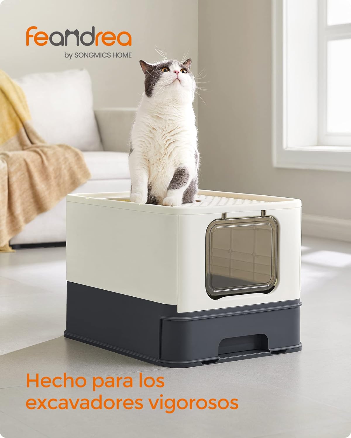 Feandrea Areia para gatos, caixa de areia com bandeja removível, pá, escova, espaço para gatos grandes, carga de 15 kg, anti-filtração, anti-fugas, bege e preto PPT001W01