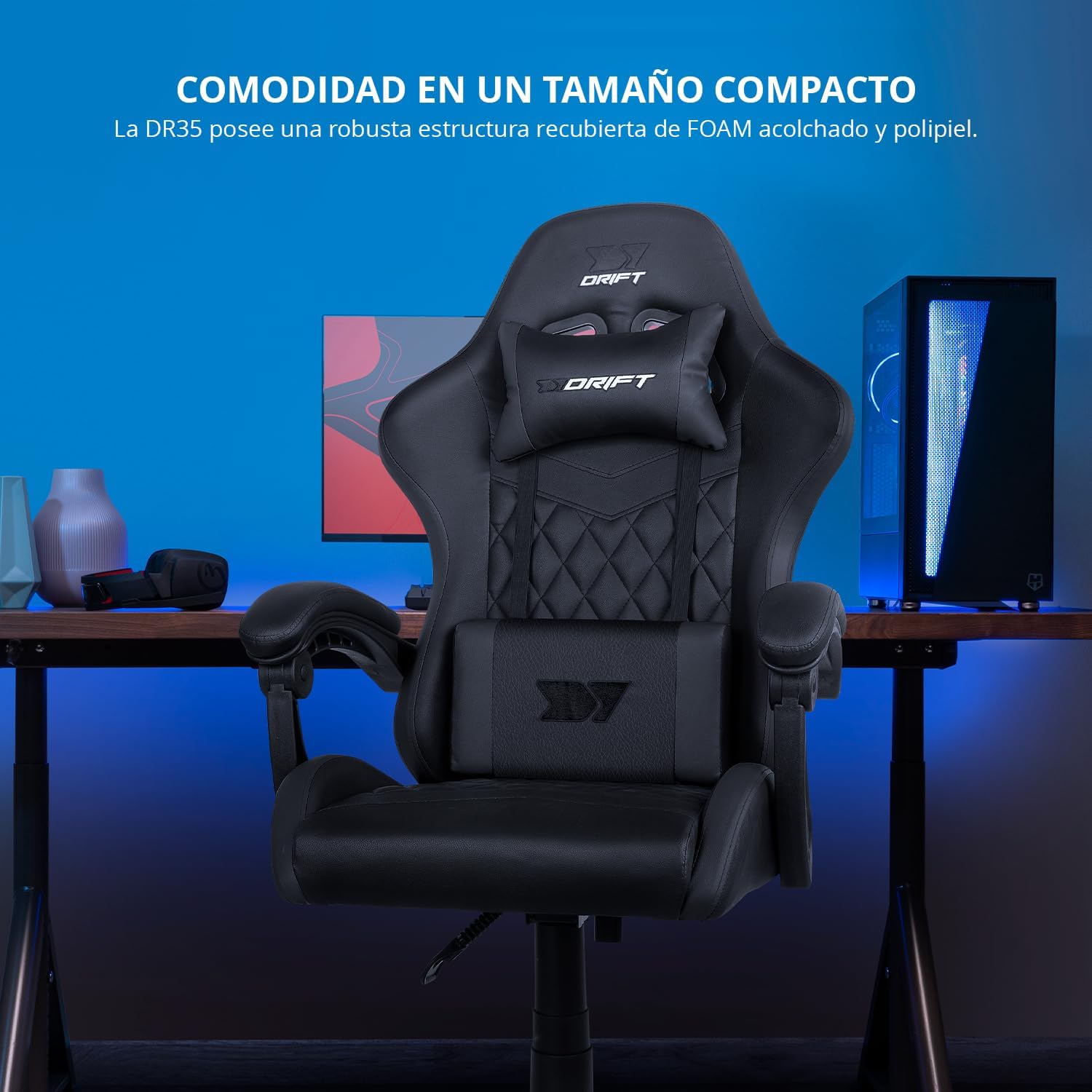 DRIFT GAMING DR35 Cadeira Gaming ergonómica profissional com apoios de braço 2D ajustáveis, suporte lombar e cervical, reclinável a 135°, estofada em couro sintético, rodas silenciosas, base robusta