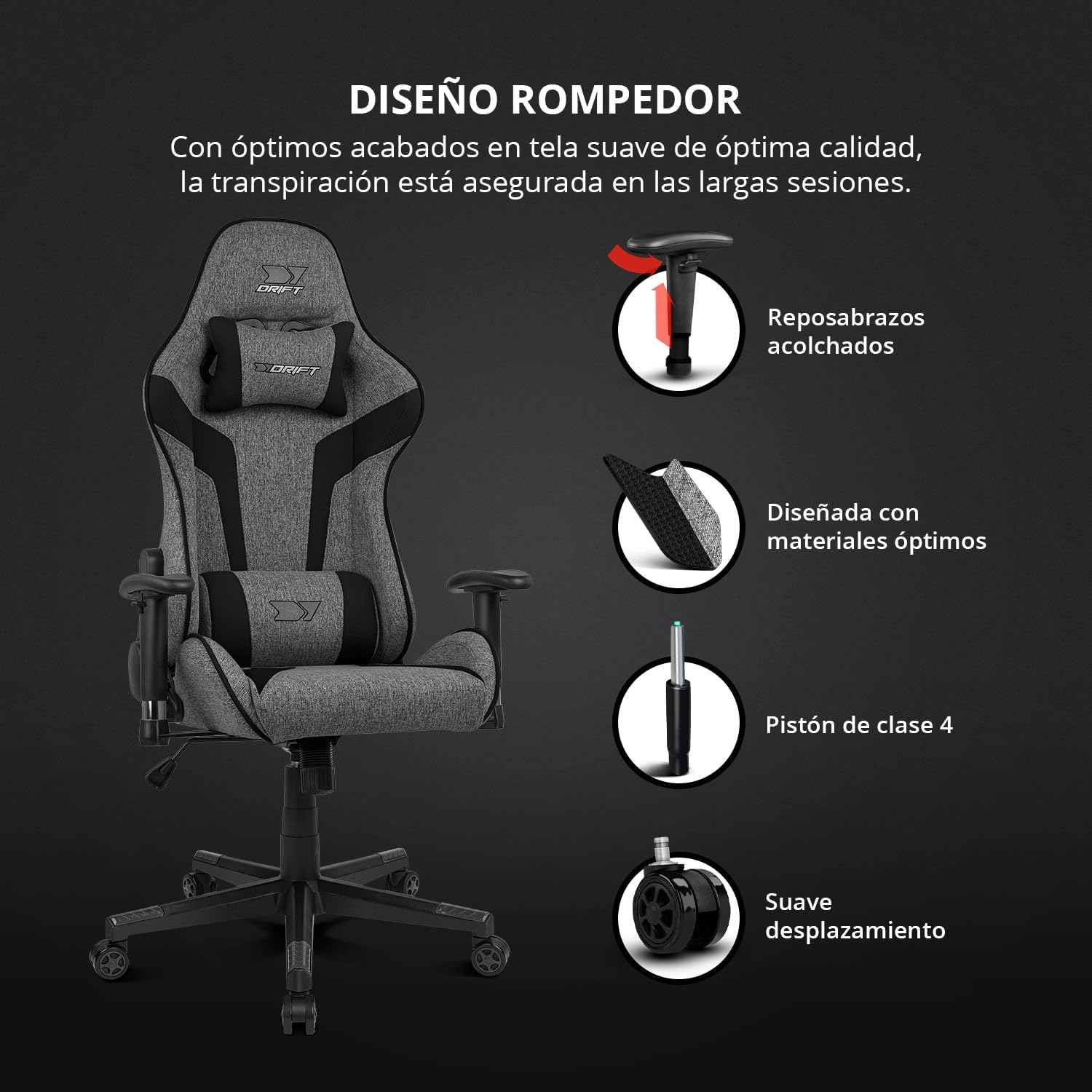 DRIFT GAMING DR90 Cadeira de jogos ergonómica com encosto de cabeça e lombar, encosto reclinável de 135°, braços 2D ajustáveis, tecido respirável, base de nylon e pistão de gás classe 4, cinzento