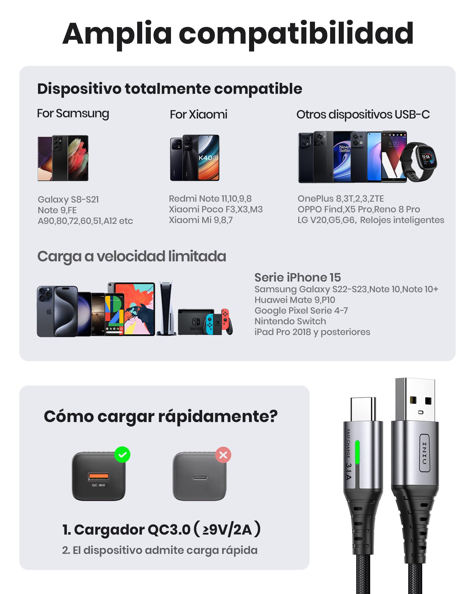 Cabo USB A USB C INIU, [2 m] QC 3,0 e 3,1 A Cabo USB C Carregamento rápido, liga trançada de nylon Cabo USB tipo C Carregador compatível com iPhone 16 15 Pro Samsung S21 Huawei Xiaomi Pixel ECC.