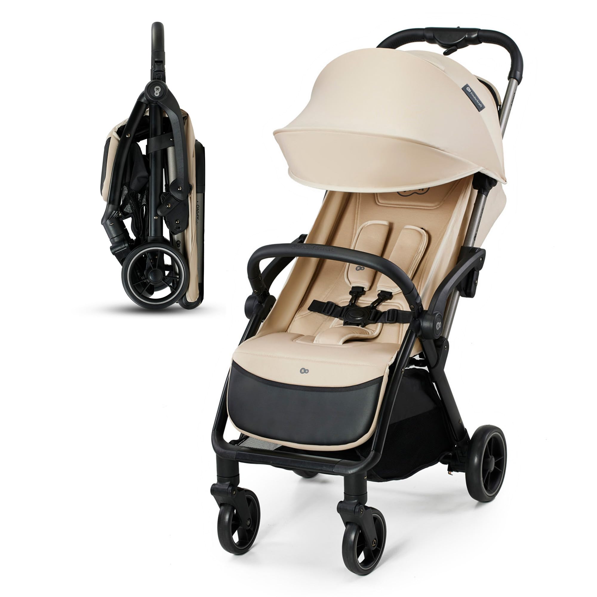 Kinderkraft APINO Cadeira de passeio para bebé, carrinho, carrinho de bebé, carro FOLDING, dobrável automático, posição reclinada, posição deitada, leve, 7,5 g, impermeável, carga máxima 24 kg, preto