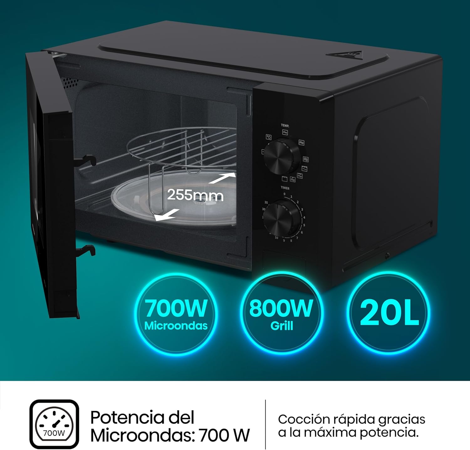 Hisense H20MOBP1G, micro-ondas com brilho de 20 l, 700 W de potência, 800 W Grill, revestimento cerâmico, vidro premium, 5 níveis, limpeza fácil, temporizador de cozedura, preto