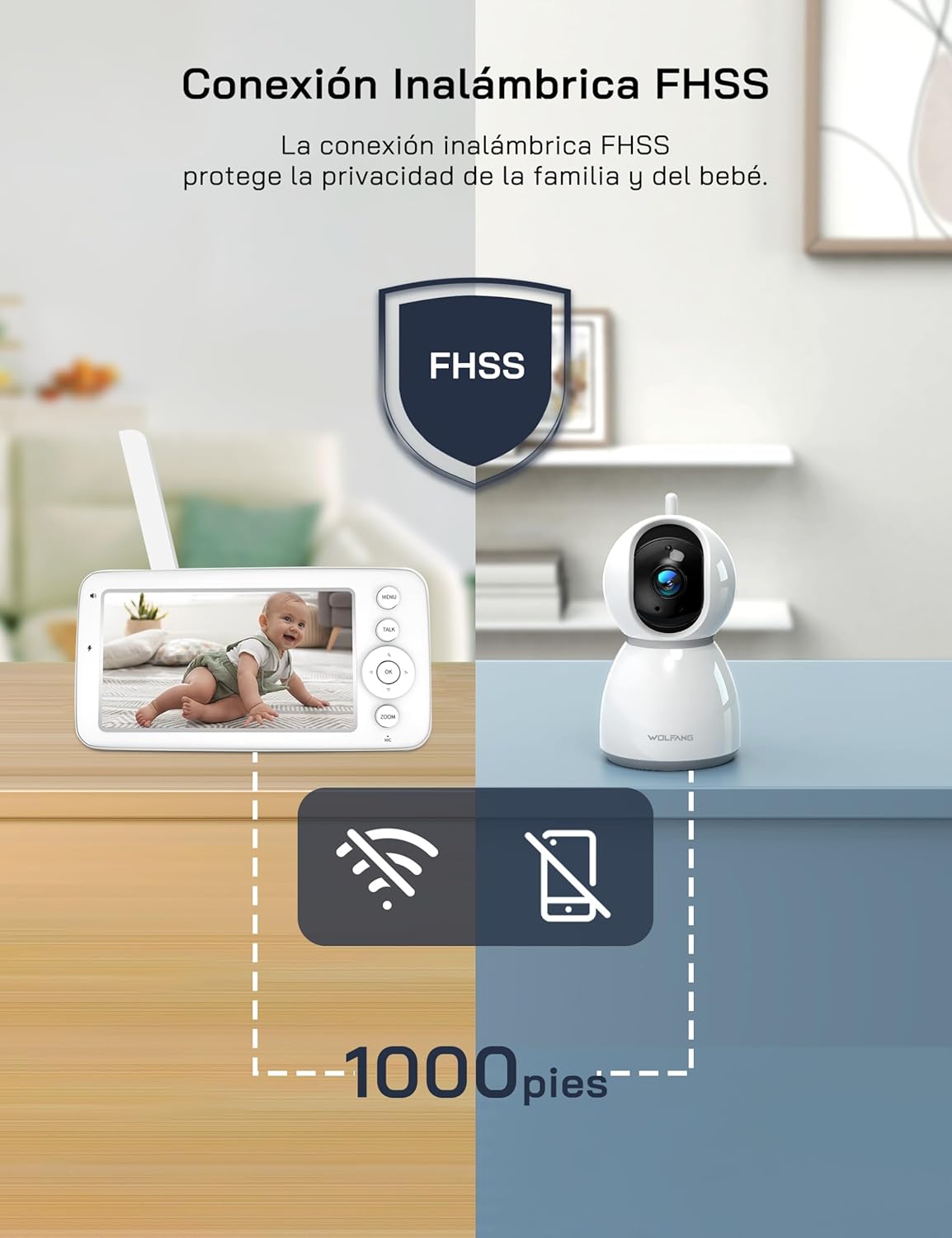 WOLFANG 1080P Camara Vigilancia Bebe con 5" 720P Pantalla, Vigilabebes con Camara con Rotación de 360° y Zoom, Sin WiFi, Visión Nocturna, Comunicación Bidirecciona, Temperatura, Detección de Llanto