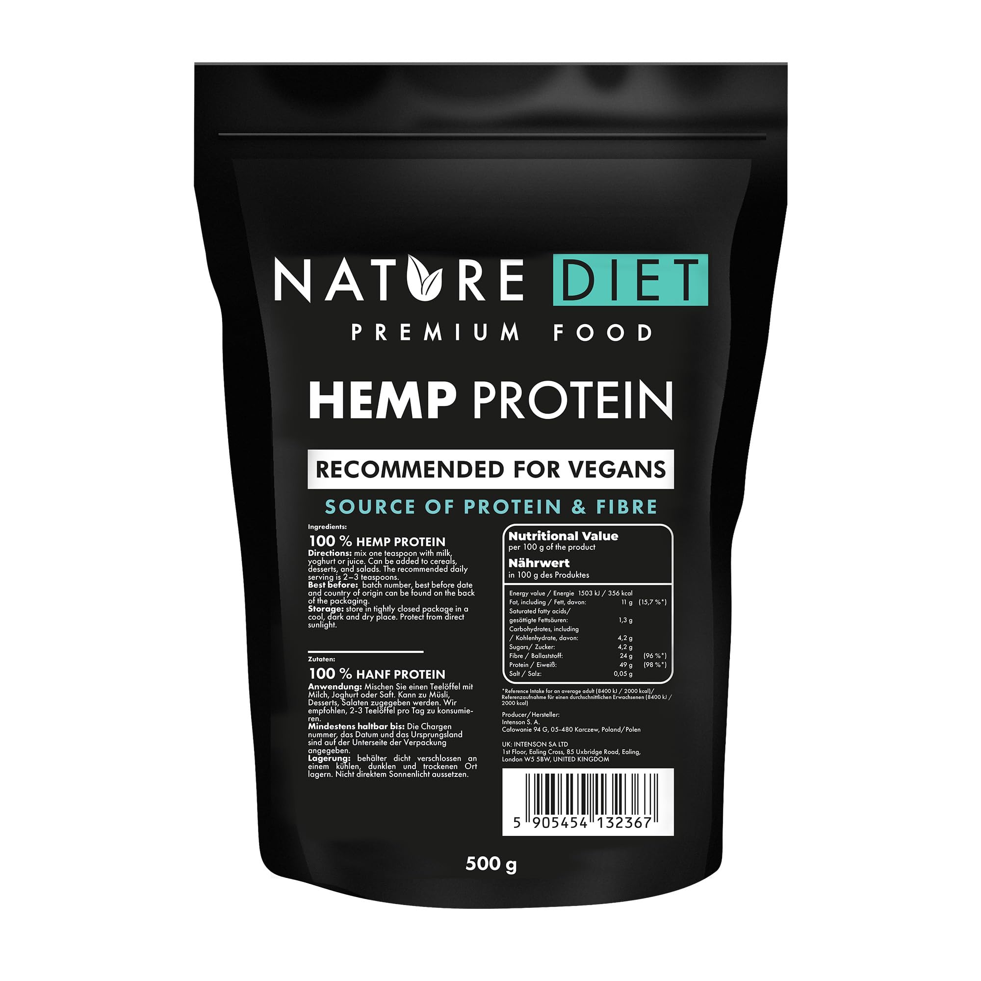 Nature Diet Proteína de cânhamo 1000 g, vegano, pó de proteína, à base de plantas