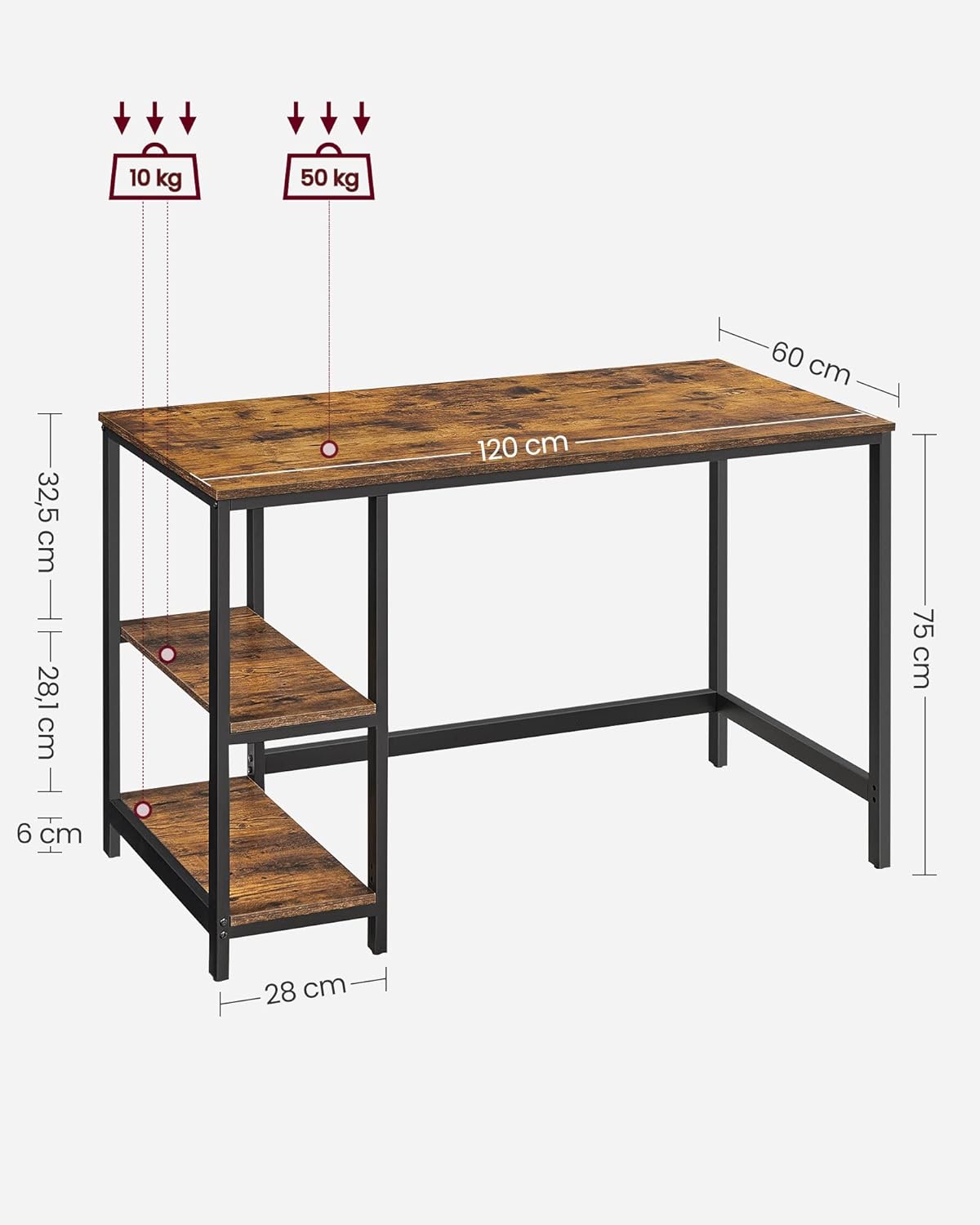 VASAGLE Secretária, mesa de computador, com 2 prateleiras à esquerda ou à direita, para escritório, quarto, estrutura de aço, industrial, castanho rústico e preto LWD47X