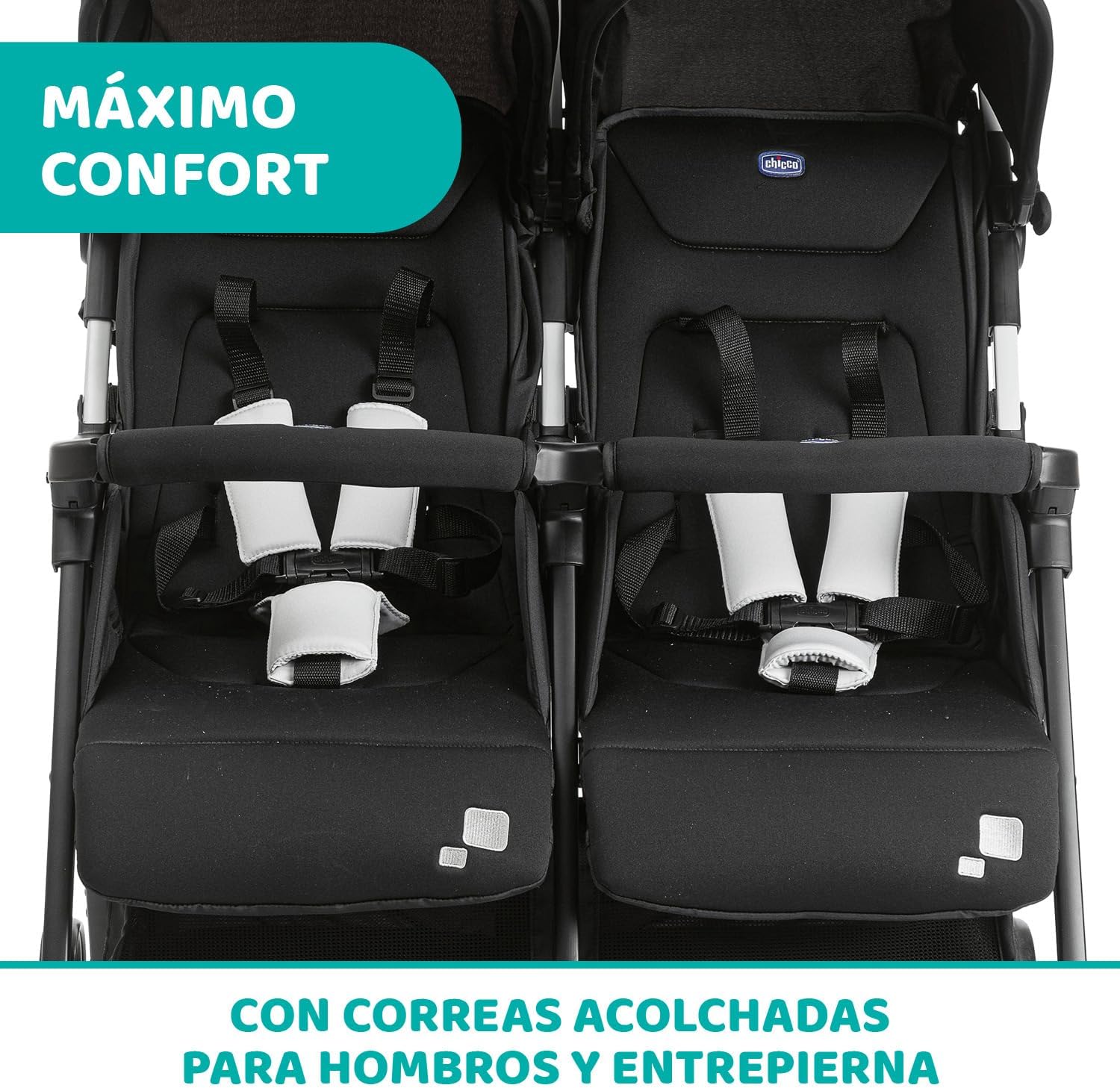 Chicco OHlalà Twin Cadeira de passeio gémeas de 0 meses a 15 kg, para botões de punho e irmãos, carrinho duplo reclinável e dobrável, leve, dobrável compacto, cobertura de chuva - cor preta