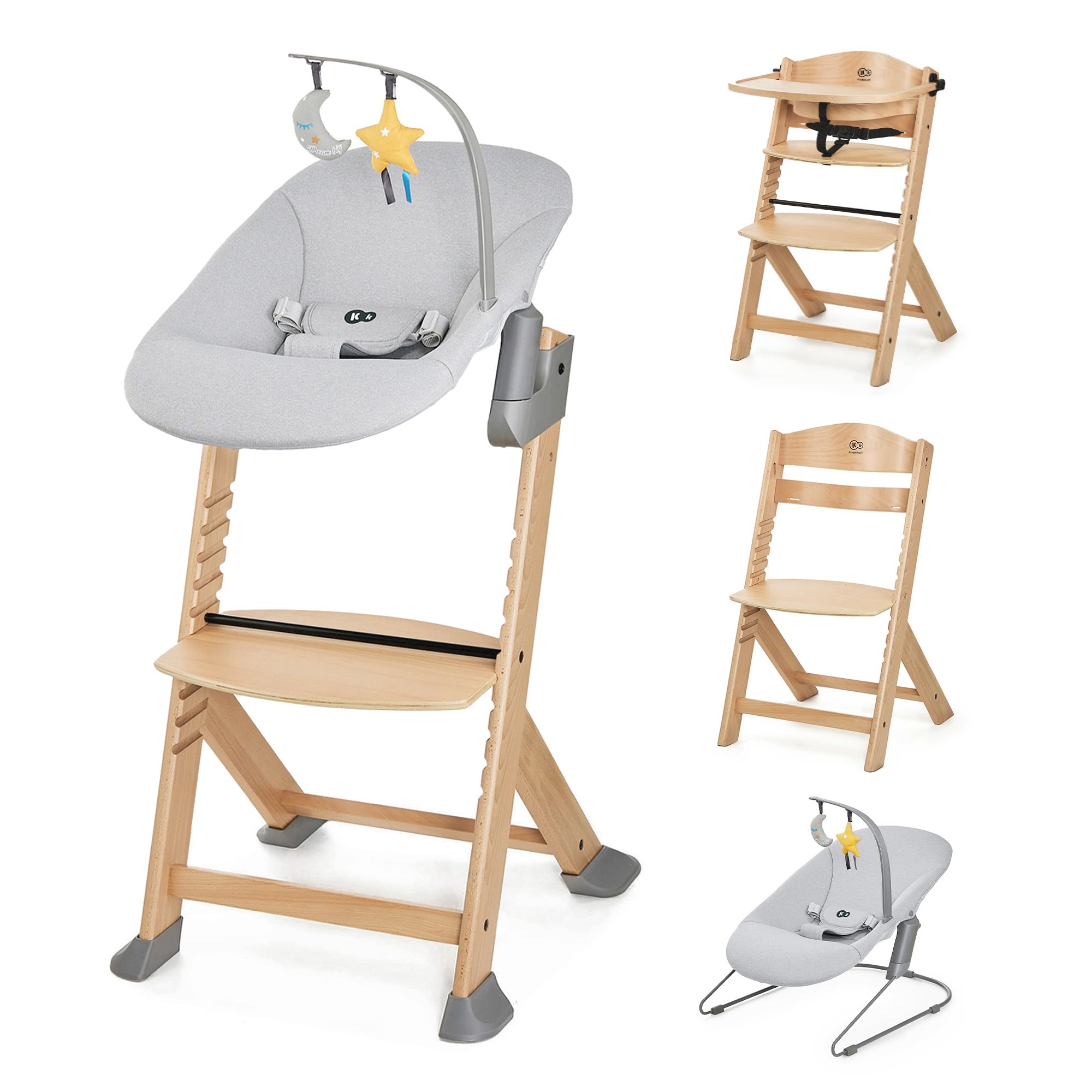 kk Kinderkraft ENOCK Cadeira alta bebé de madeira, infantil, portátil, para crianças, cadeira alta evolutiva, ergonómica, com acessórios, barreira e bandeja, madeira natural
