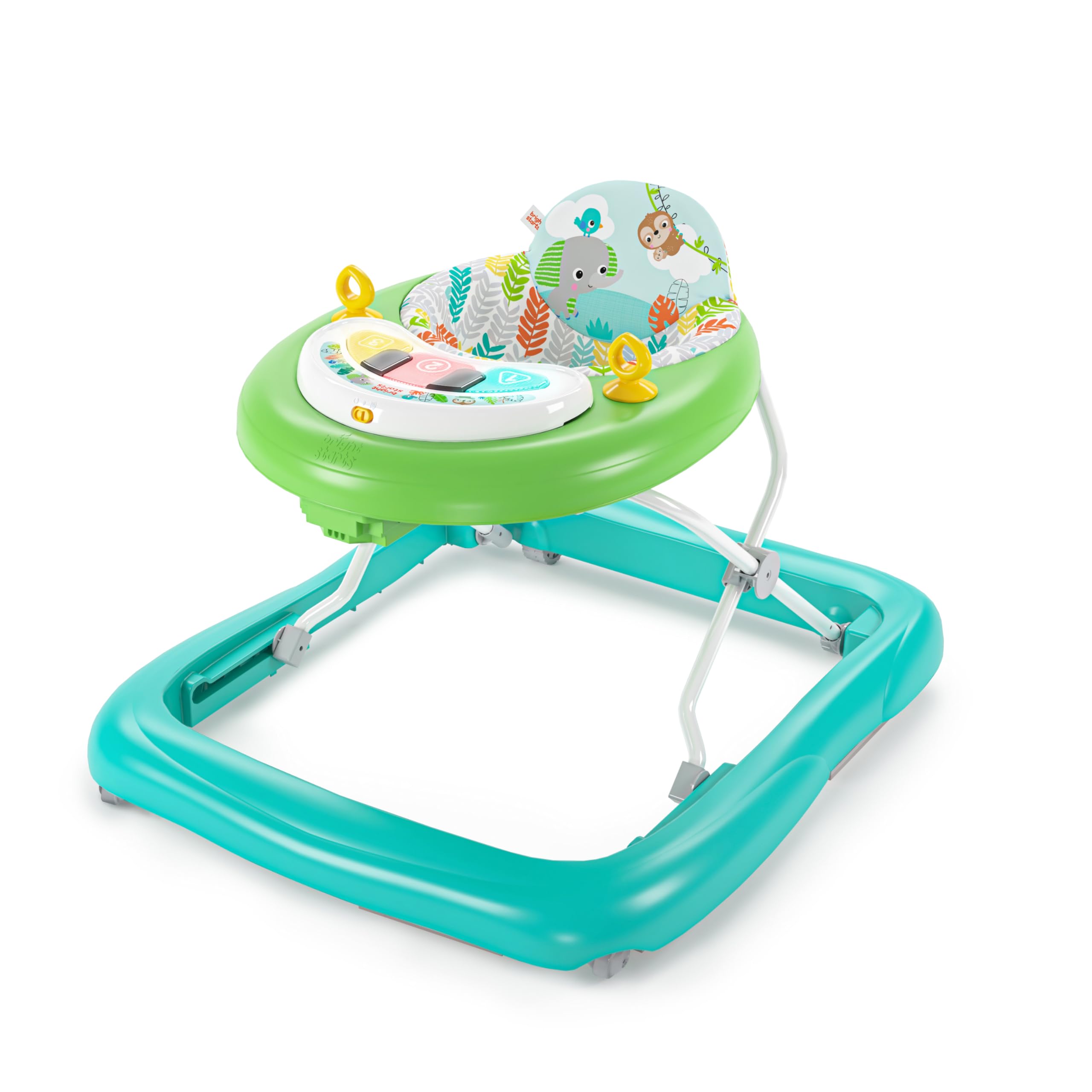 Bright Starts, Andador de primeiros passos dobrável para bebés Giggling Safari, brinquedo ábaco divertido e colorido, altura ajustável, assento removível, lavável na máquina, a partir dos 6 meses