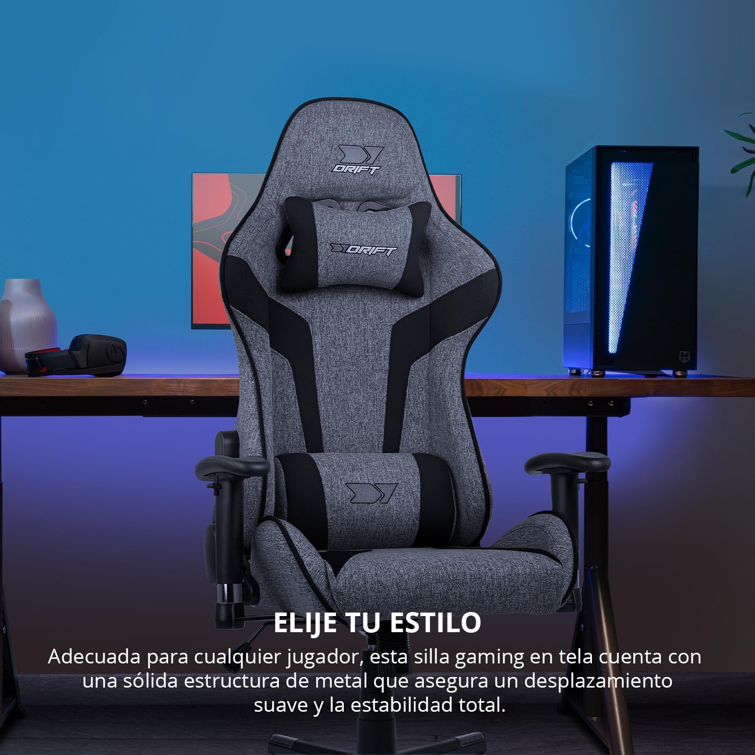 DRIFT GAMING DR90 Cadeira de jogos ergonómica com encosto de cabeça e lombar, encosto reclinável de 135°, braços 2D ajustáveis, tecido respirável, base de nylon e pistão de gás classe 4, cinzento