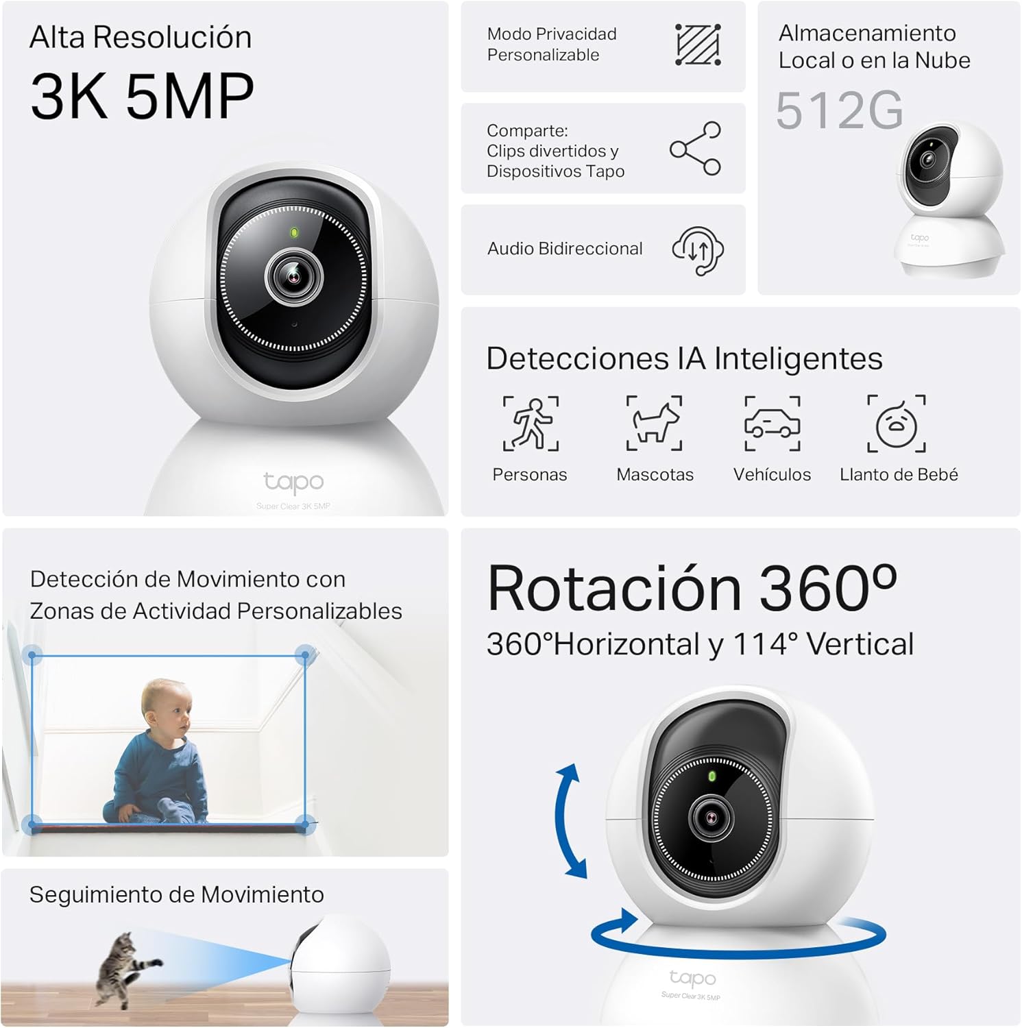 Tapo C230 - IA Cámara Vigilancia 360°, 3K 5MP, Alarma Sonora/Luz, Visión Nocturna, Audio Bidireccional, AI Detección Movimiento, Control Google/Alexa, Tarjeta SD hasta 512G, Fácil configuración
