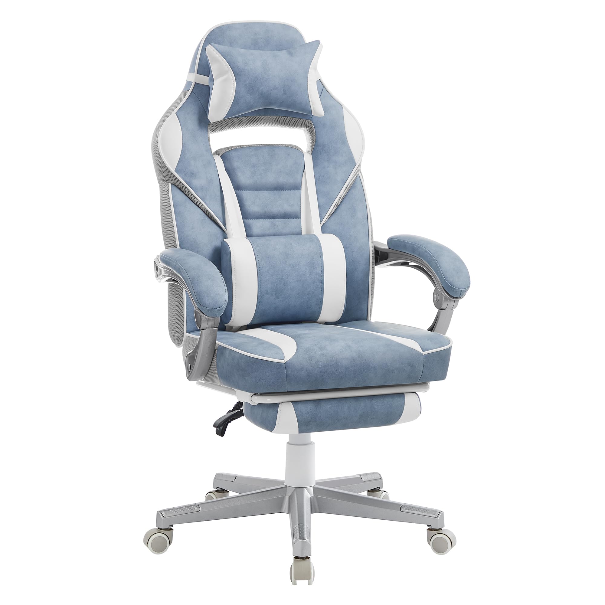 SONGMICS Cadeira de escritório, cadeira de jogos ergonómica, com apoio para os pés telescópico, encosto ajustável, apoio de cabeça e suporte lombar, carga de 150 kg, tinta preta e cinzento pombo