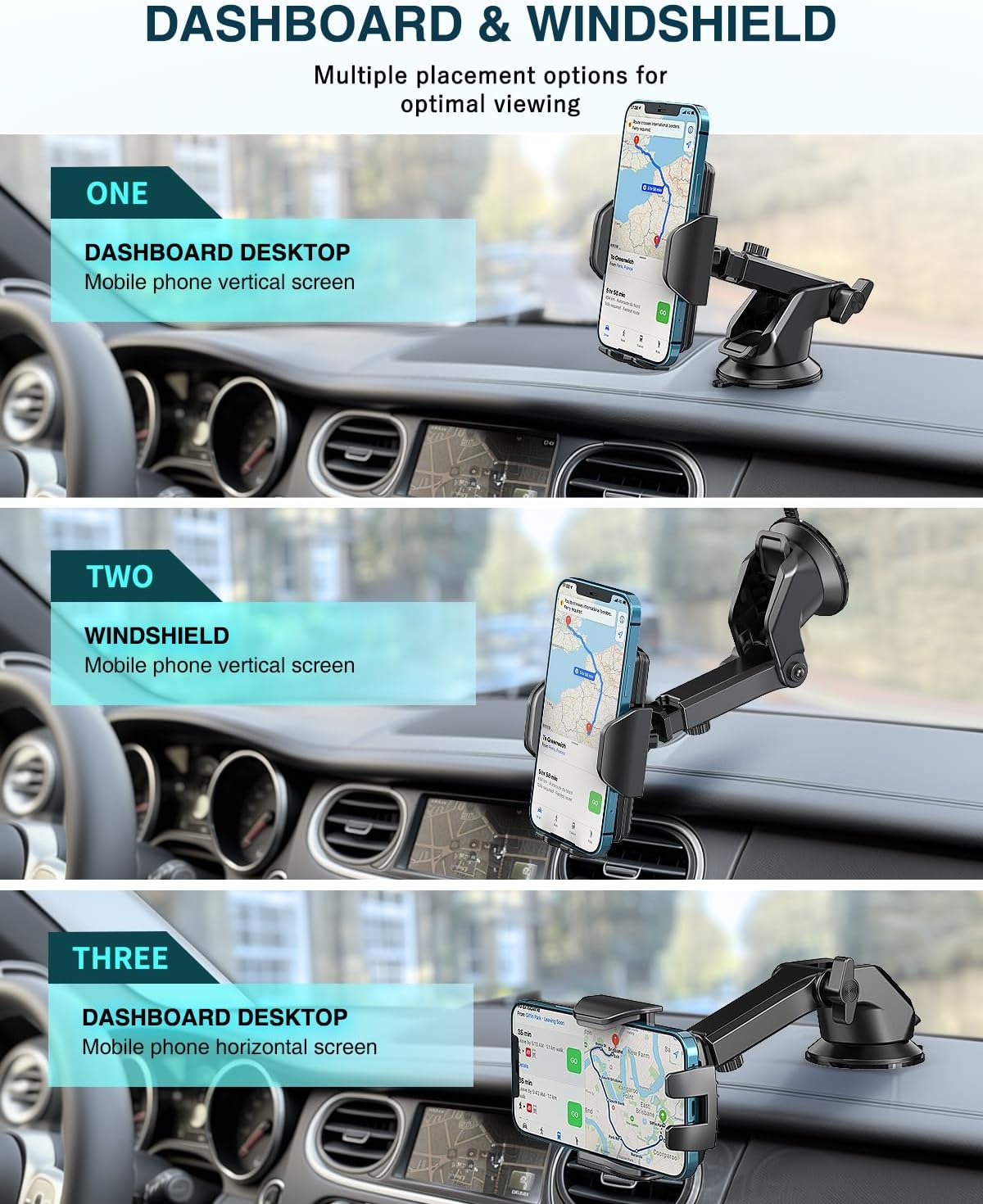 Hoppac Suporte móvel para carro, suporte telemóvel para carro e para-brisas, rotação de 360 graus e libertação de um botão, suporte de telemóvel para telemóvel para telemóvel 4-7 polegadas